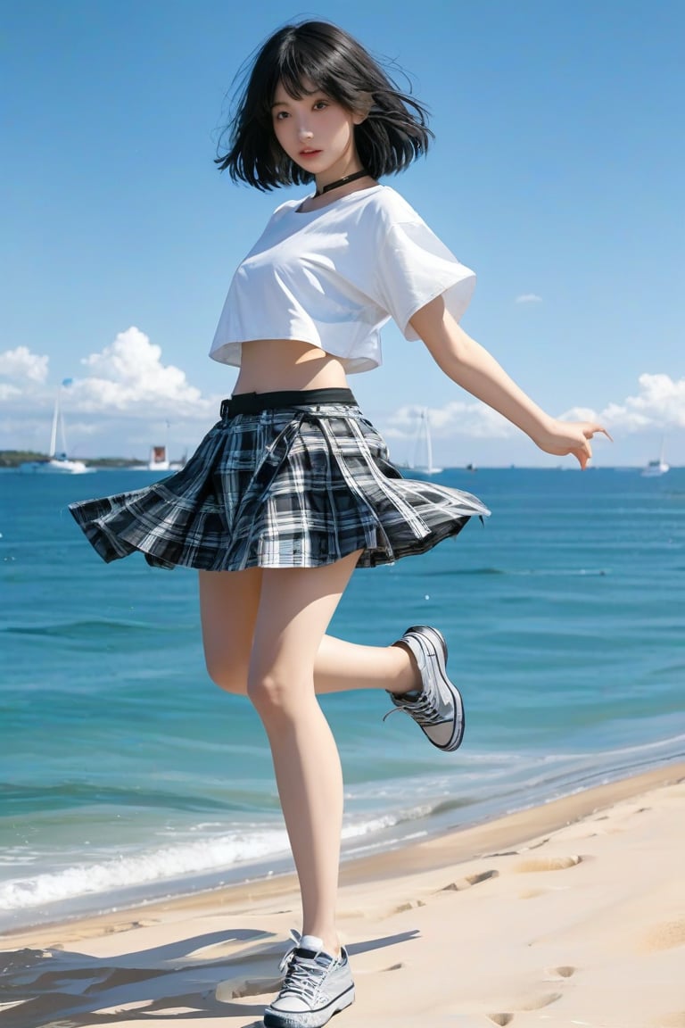 dynamic pose, 1girl, solo, short hair, shirt, skirt, black hair, navel, closed mouth, standing, white shirt, full body, short sleeves, outdoors, sky, shoes, socks, day, medium hair, belt, midriff, black footwear, black eyes, blue sky, plaid, ocean, white socks, plaid skirt, beach, blue shirt, crossed legs, outstretched arms, t-shirt, black belt, sand, realistic, midriff peek, stretching, cropped shirt, grey socks, Asian, clear sky