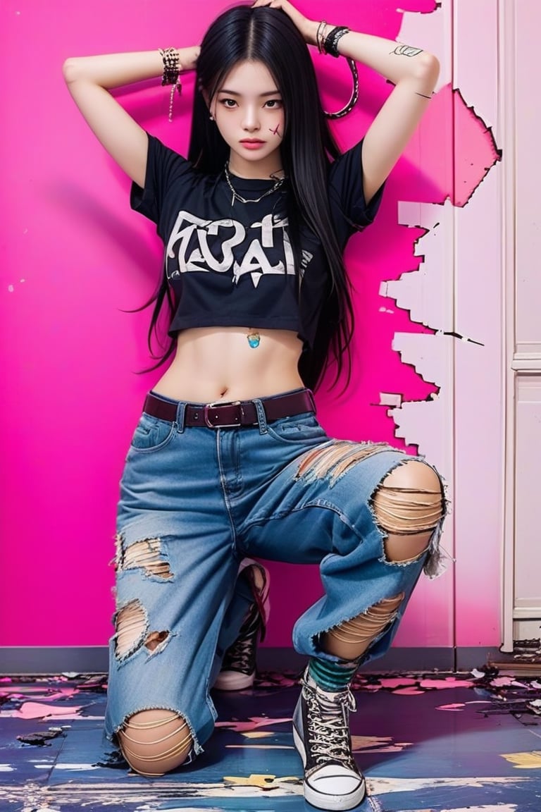 Photography, 1girl, solo, long hair, shirt, black hair, pink room, jewelry, earrings, shoes, pants, belt, midriff, necklace, black eyes, torn clothes, tattoo, denim, t-shirt, jeans, realistic, hand on own head, on one knee, raglan sleeves, torn pants, torn jeans, dynamic pose