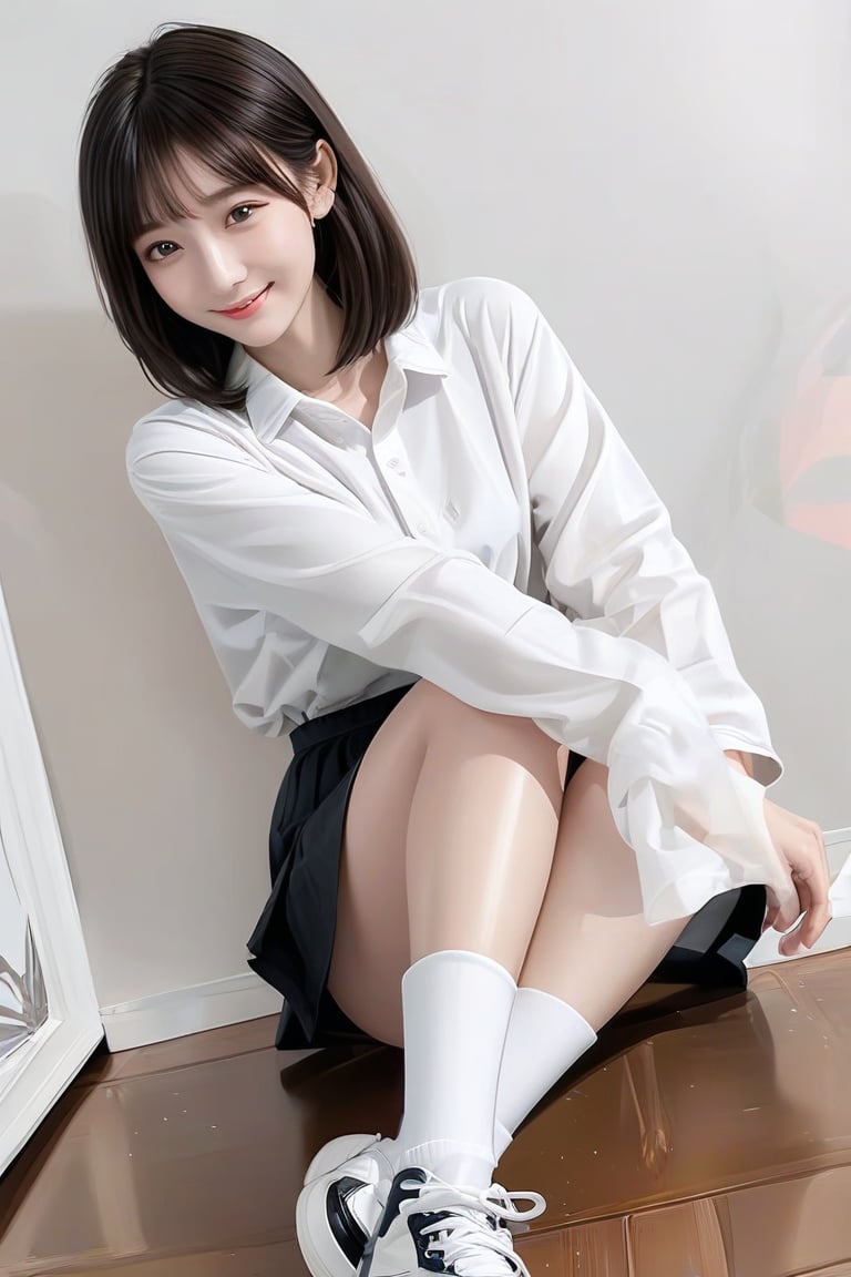 dynamic pose, 1girl, solo, looking at viewer, smile, shirt, skirt, brown hair, black hair, long sleeves, jewelry, sitting, white shirt, full body, earrings, shoes, collared shirt, socks, medium hair, black skirt, miniskirt, striped clothes, mole, black eyes, arm support, white socks, white footwear, wing collar, sneakers, realistic, bench, striped socks