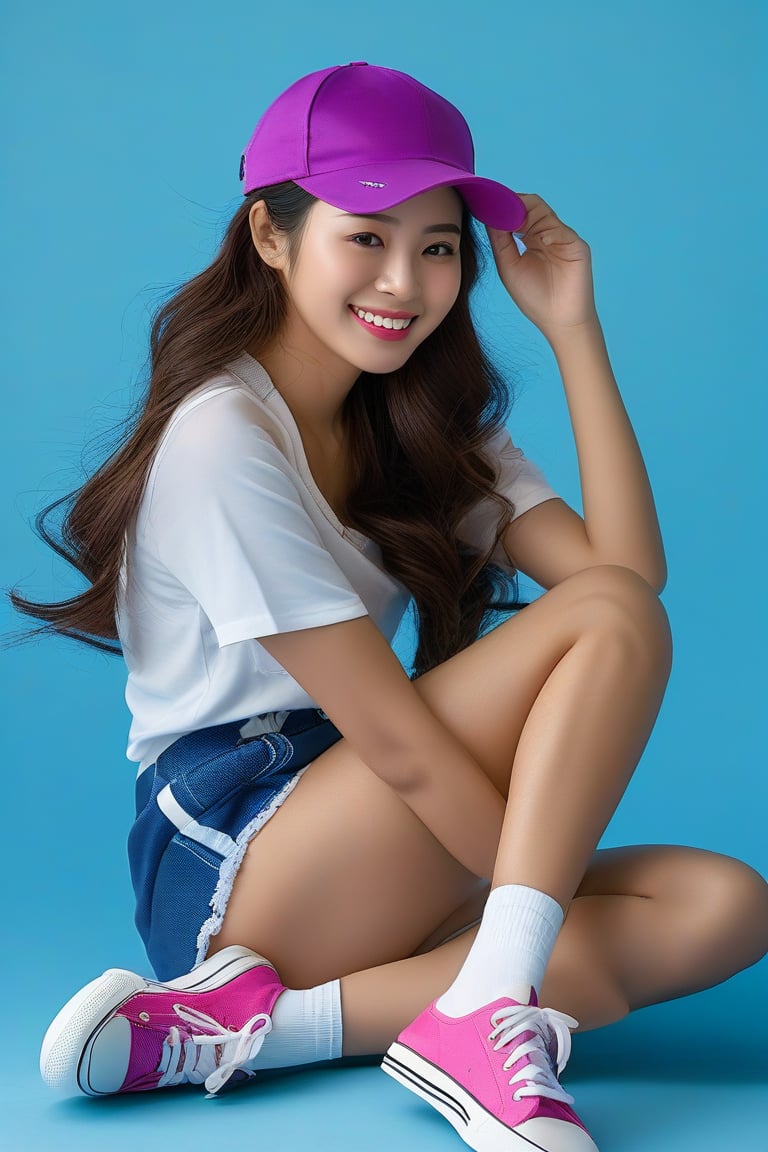 A stunning Asian girl with dynamic pose, looking directly at the viewer with a warm smile. Her long brown hair cascades down her back, while her black hat and purple baseball cap adorn her head. She sits comfortably in shorts, showcasing her toned legs and feet clad in pink sneakers and white socks. The simple background is a brilliant blue, allowing her to take center stage. Her brown eyes sparkle with confidence as she rests her hand on the brim of her hat, exuding an air of Indian style sophistication.