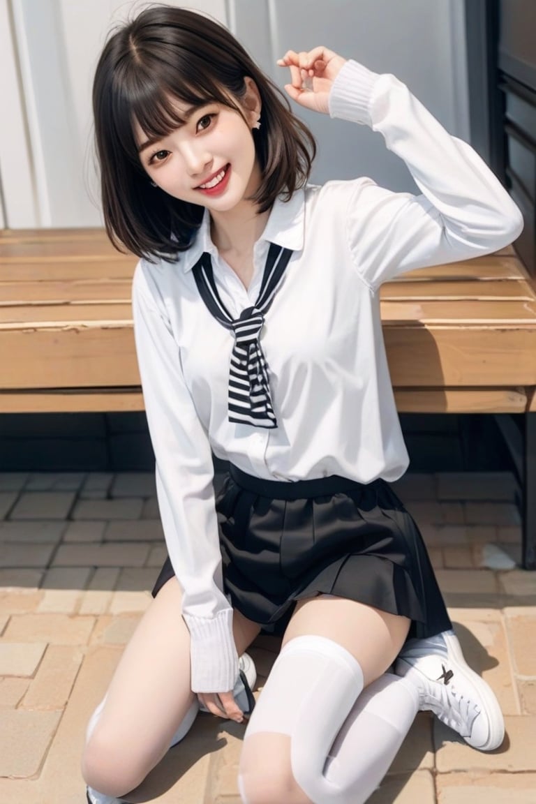 dynamic pose, 1girl, solo, looking at viewer, smile, shirt, skirt, brown hair, black hair, long sleeves, jewelry, sitting, white shirt, full body, earrings, shoes, collared shirt, socks, medium hair, black skirt, miniskirt, striped clothes, mole, black eyes, arm support, white socks, white footwear, wing collar, sneakers, realistic, bench, striped socks