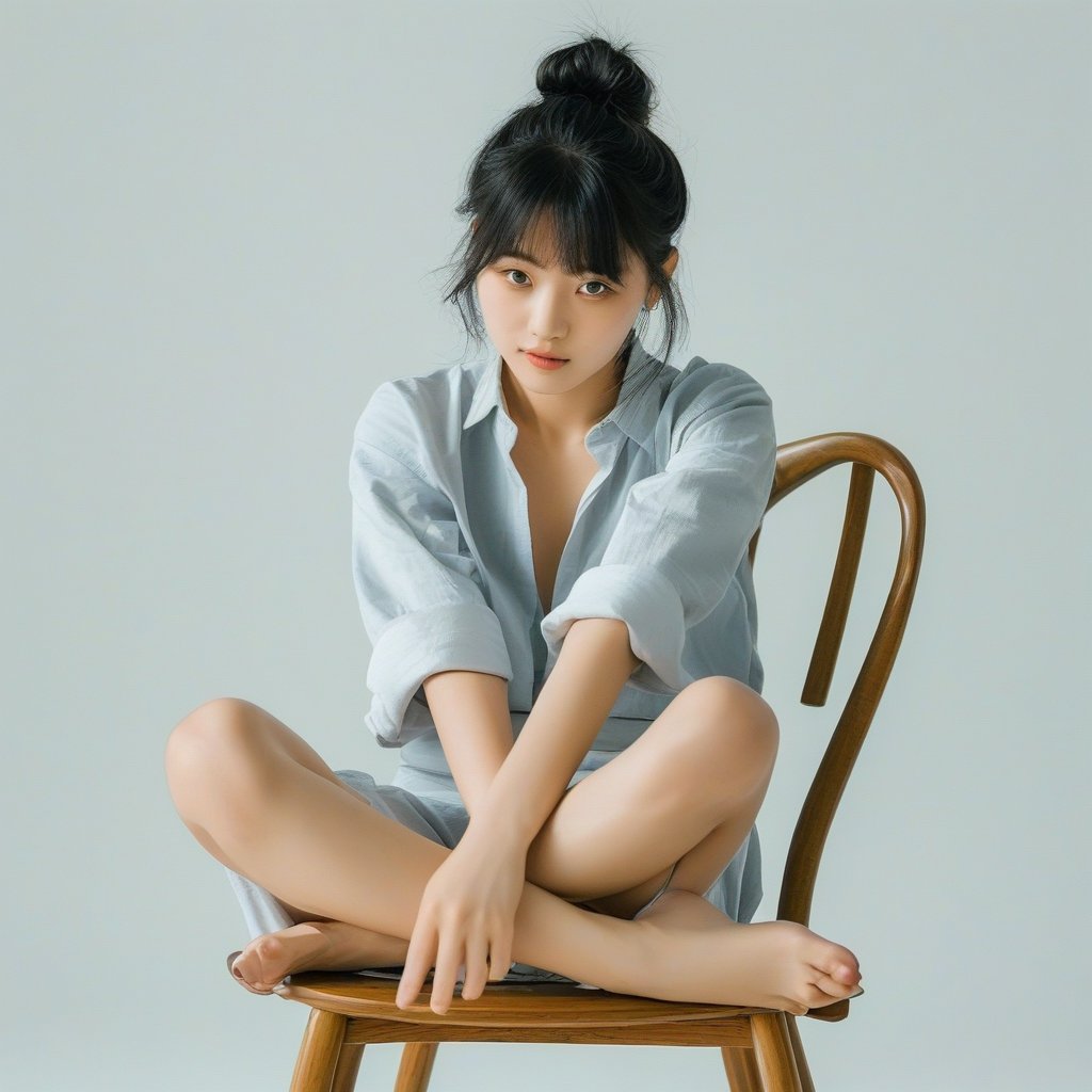 A girl with black hair styled in a single bun is sitting barefoot on a chair in a dynamic pose, looking at the viewer. She is wearing a shirt, her knee is up