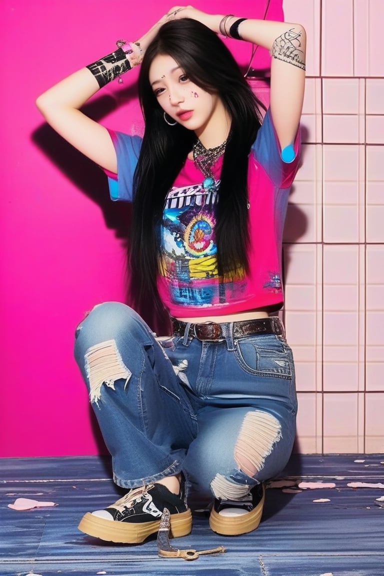 Photography, 1girl, solo, long hair, shirt, black hair, pink room, jewelry, earrings, shoes, pants, belt, midriff, necklace, black eyes, torn clothes, tattoo, denim, t-shirt, jeans, realistic, hand on own head, on one knee, raglan sleeves, torn pants, torn jeans, dynamic pose