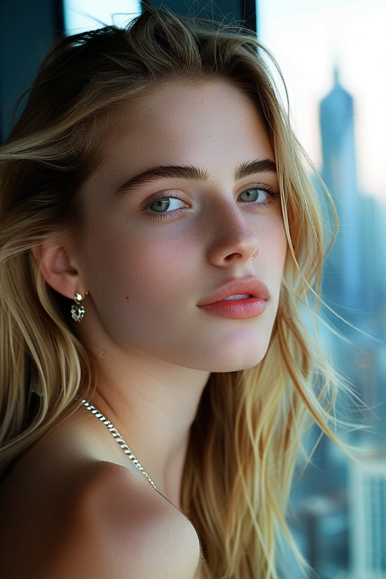 hyper realistic photo of a beautiful girl,20yo,detailed exquisite face,soft shiny skin,American girl,long and natural blonde hair styled impeccably reflecting modern urban trends,Kristen Stewart lookalike,perfect female form,model body,elegant urban fashion,earrings and necklaces,[freckles],
backdrop:blurred cityscape,window,indoors,[baby blue,yellow and cream colors],dark:1.3,chiaroscuro lighting:1.2,
ek_ph0t0_b00ster