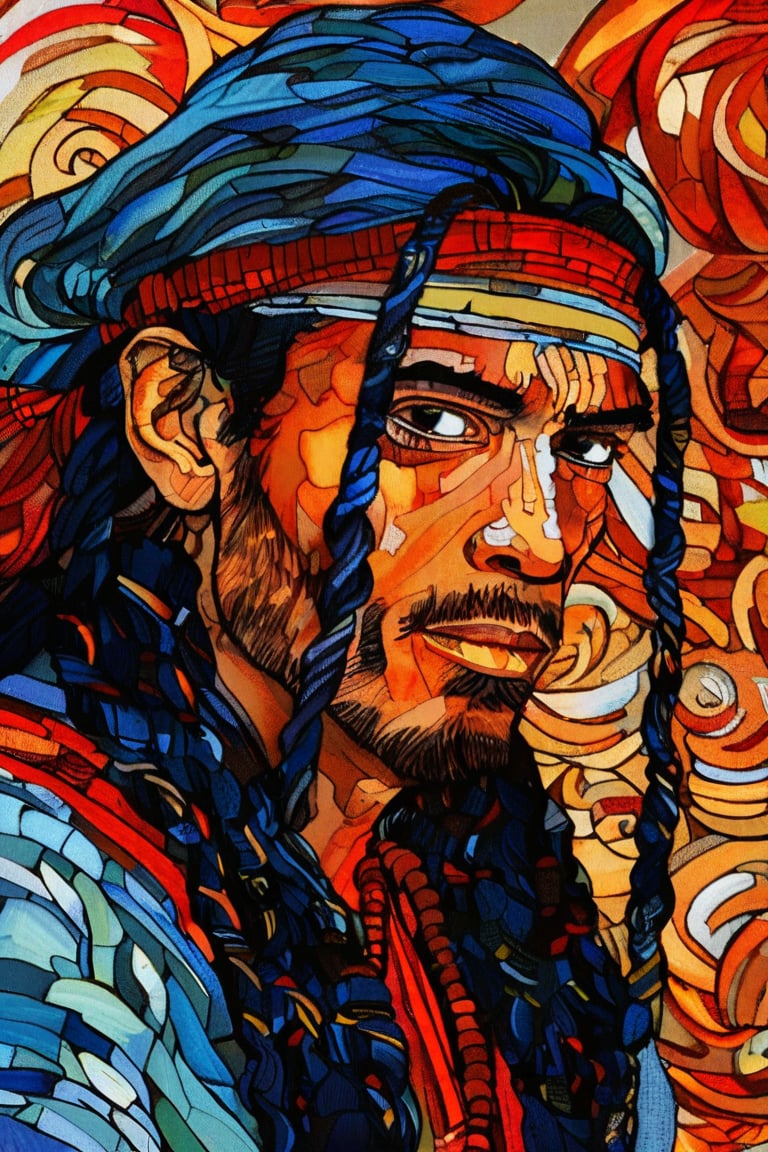 A close-up portrait of a 28-year-old Native American man with tan skin and long, braided hair, wearing traditional beads, in the style of Vincent van Gogh, using a vibrant color palette of rich earth tones, deep blues, and bold reds with swirling, textured brushstrokes. Artists: Vincent van Gogh, Henri de Toulouse-Lautrec, Paul Gauguin.