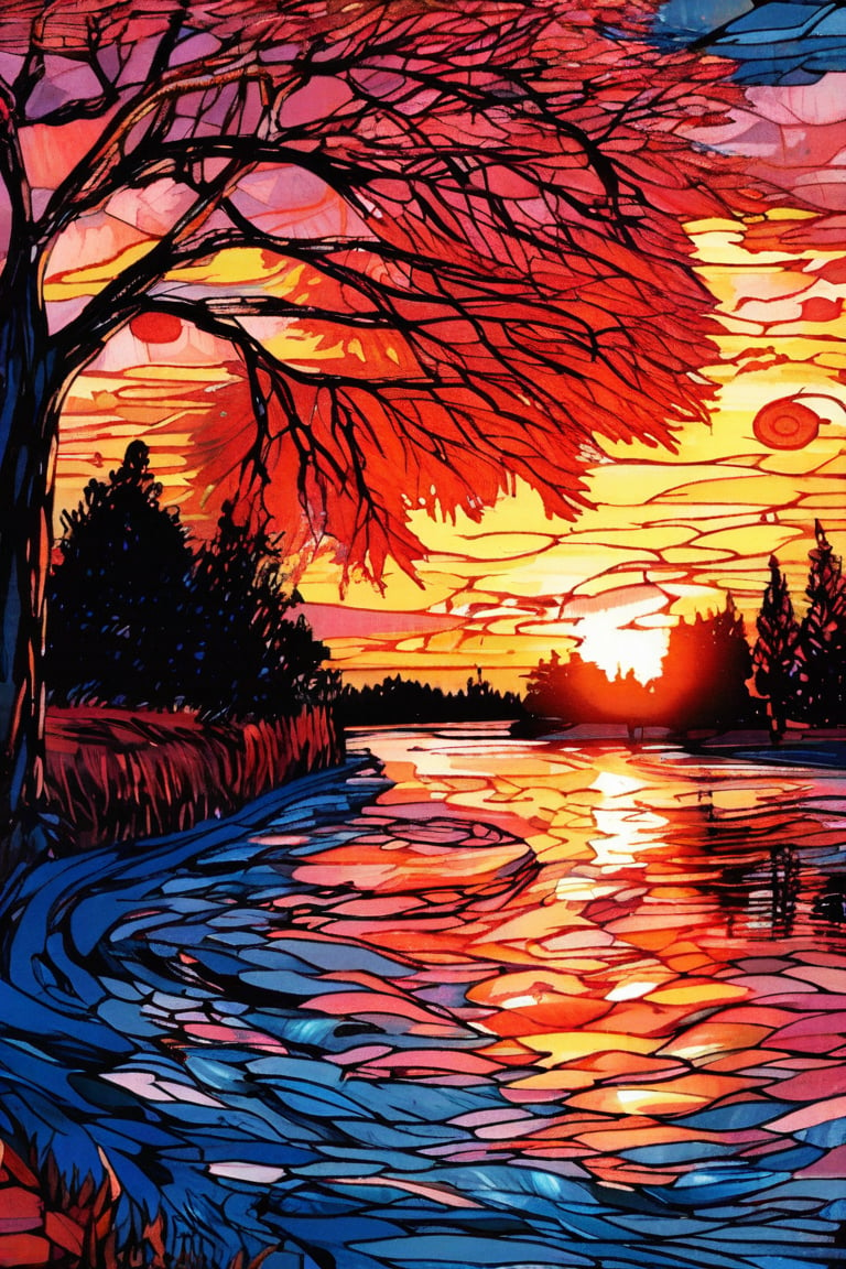 A tranquil scene of a riverbank at sunset, with reflections of trees and a vibrant sky, in the style of Vincent van Gogh, using a vibrant color palette of rich pinks, deep blues, and bold yellows with swirling, textured brushstrokes. Artists: Vincent van Gogh, Henri de Toulouse-Lautrec, Paul Gauguin.