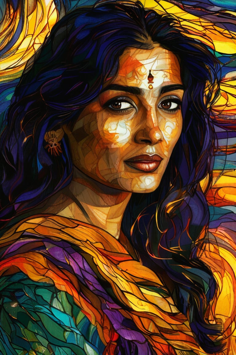 A close-up portrait of a 35-year-old Indian woman with warm brown skin and wavy, dark hair, wearing a colorful sari, in the style of Vincent van Gogh, using a vibrant color palette of rich purples, deep golds, and bold greens with swirling, textured brushstrokes. Artists: Vincent van Gogh, Henri de Toulouse-Lautrec, Paul Gauguin.