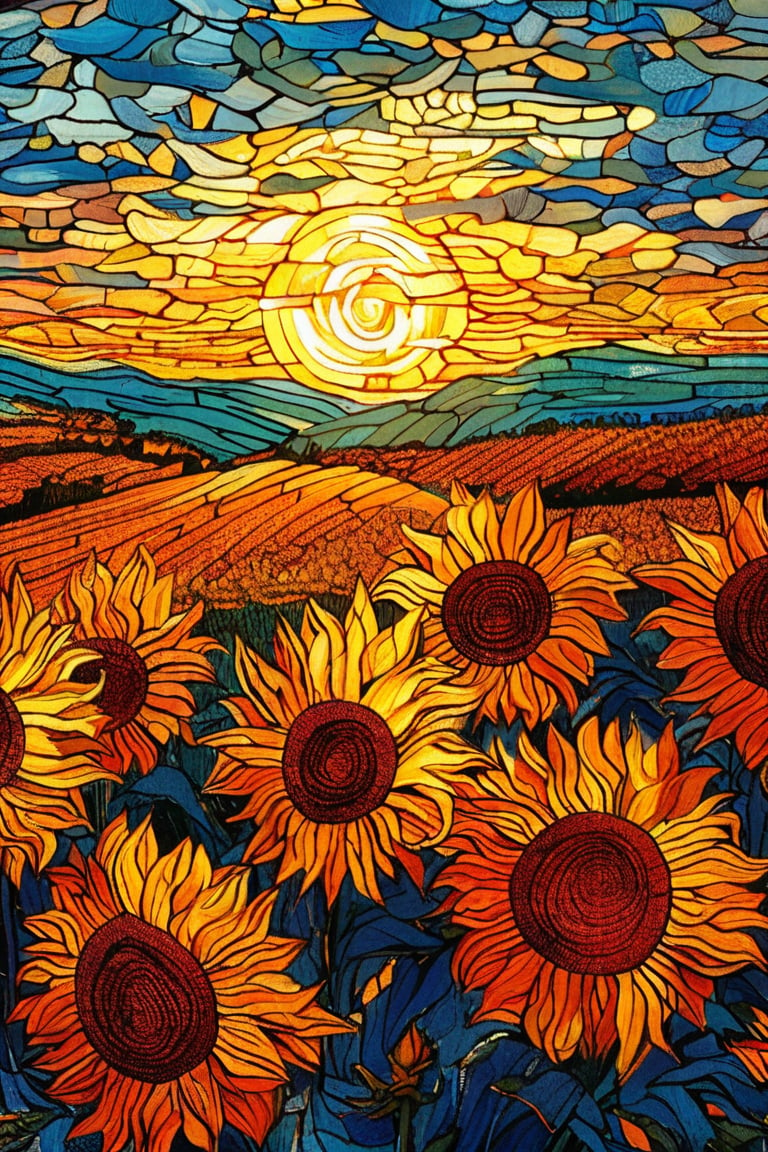 A serene landscape of a sunflower field at dawn, with golden blooms and a radiant sky, in the style of Vincent van Gogh, using a vibrant color palette of rich yellows, fiery oranges, and deep blues with swirling, textured brushstrokes. Artists: Vincent van Gogh, Henri de Toulouse-Lautrec, Paul Gauguin.