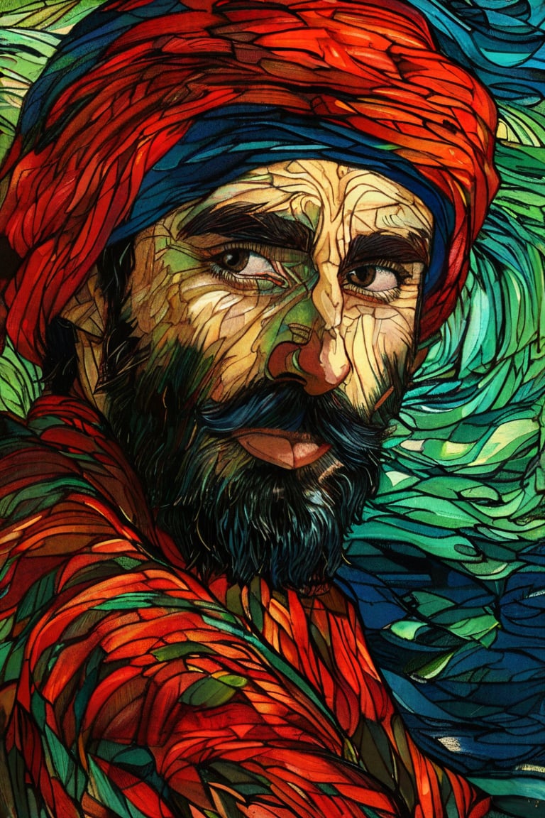 A close-up portrait of a 50-year-old Middle Eastern man with olive skin and a salt-and-pepper beard, wearing a traditional keffiyeh, in the style of Vincent van Gogh, using a vibrant color palette of rich greens, deep reds, and bold blues with swirling, textured brushstrokes. Artists: Vincent van Gogh, Henri de Toulouse-Lautrec, Paul Gauguin.