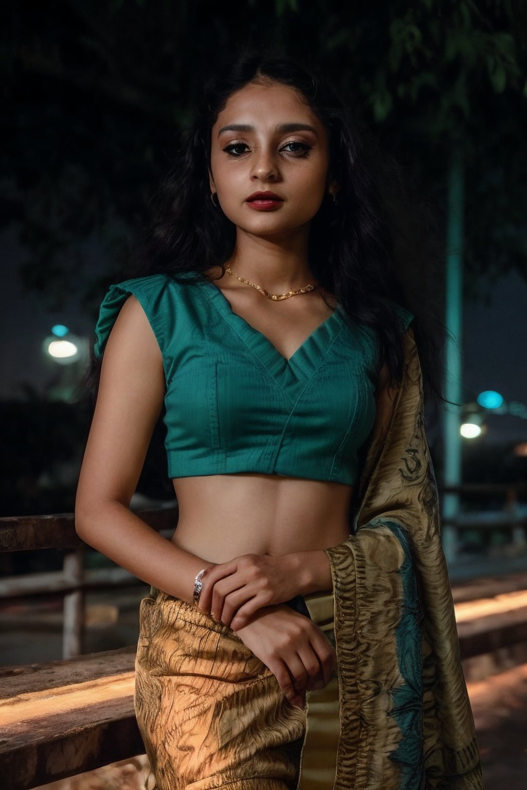 A stylish brown-skinned woman stands out against the sleek, teal-hued cityscape in a Matrix-inspired scene. The warm glow of streetlights and neon signs casts an orange filter over her, creating a striking contrast with the cool urban backdrop. She exudes confidence as she gazes out into the distance, her pose a fusion of strength and sophistication.,Mallu