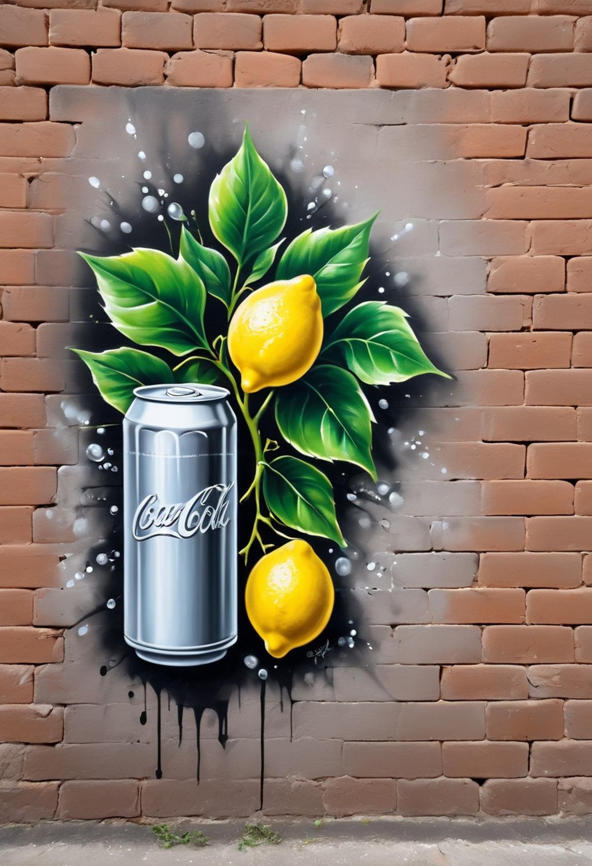 #graffiti, #graffiti on a brick wall, #aerosol painting on a wall, #colored graffiti, #Street art, #Aerosol paint, #Street canvas, #Graffiti artist, #Graffiti art, #Aerosol art, There is (((ivy: 1.3))) growing on a brick wall. (((Aerosol cans: 1.3))). Stunning photo of glass of fresh lemonade, sparkling ice cubes, freshly cut lemons, festive straw, hyper detailed