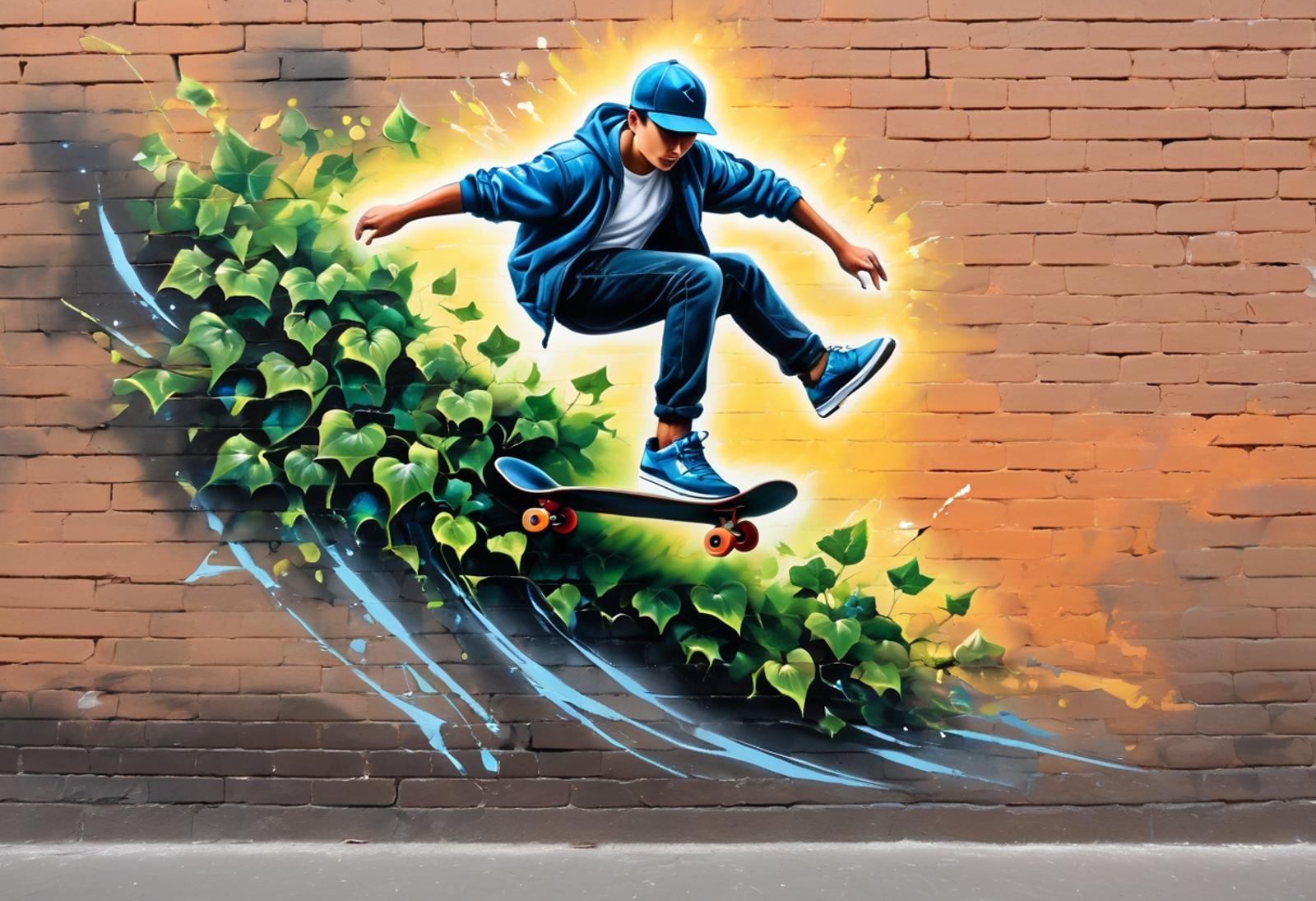 #graffiti, #graffiti on a brick wall, #aerosol painting on a wall, #colored graffiti, #Street art, #Aerosol paint, #Street canvas, #Graffiti artist, #Graffiti art, #Aerosol art, There is (((ivy: 1.3))) growing on a brick wall. (((Aerosol cans: 1.3))). Awesome dynamic acrylic painting of a guy on a skateboard, in the air, action painting, jumping, heavy rain, lots of flying liquid paint, textured impasto, thick and heavy brushstrokes, b-boy