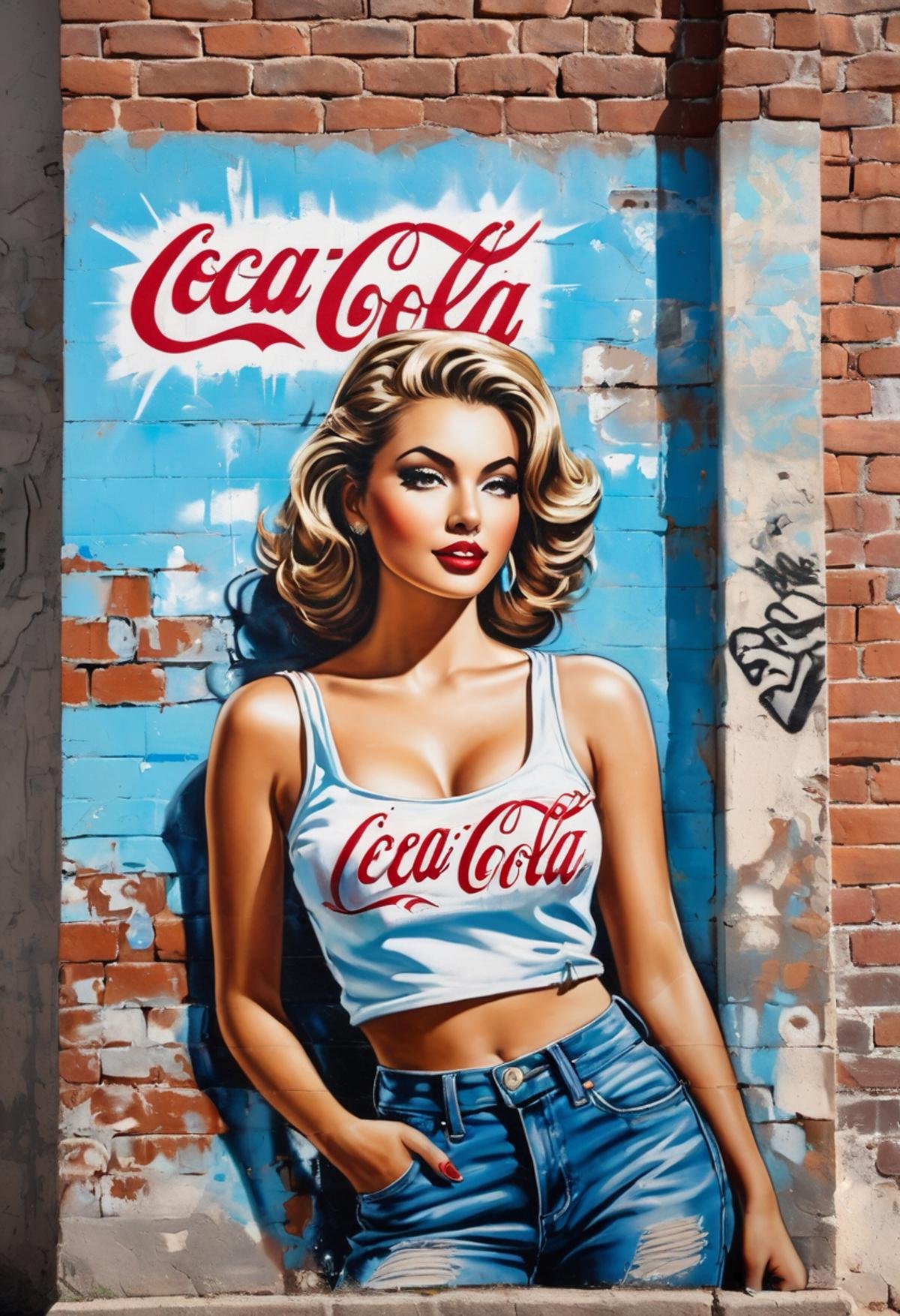 #graffiti, #graffiti on a brick wall, #spray painting on a wall, #colored graffiti, #Street art, #Spray paint, #Street canvas, #Graffiti artist, #Graffiti art, #Spray art, painting of a woman on a tattered building wall, graffiti, pop art painting by Pamela Asherson, street art, vintage Levi's ad, Coca-Cola logo, j. Scott Campbell, 1950s, American tourism