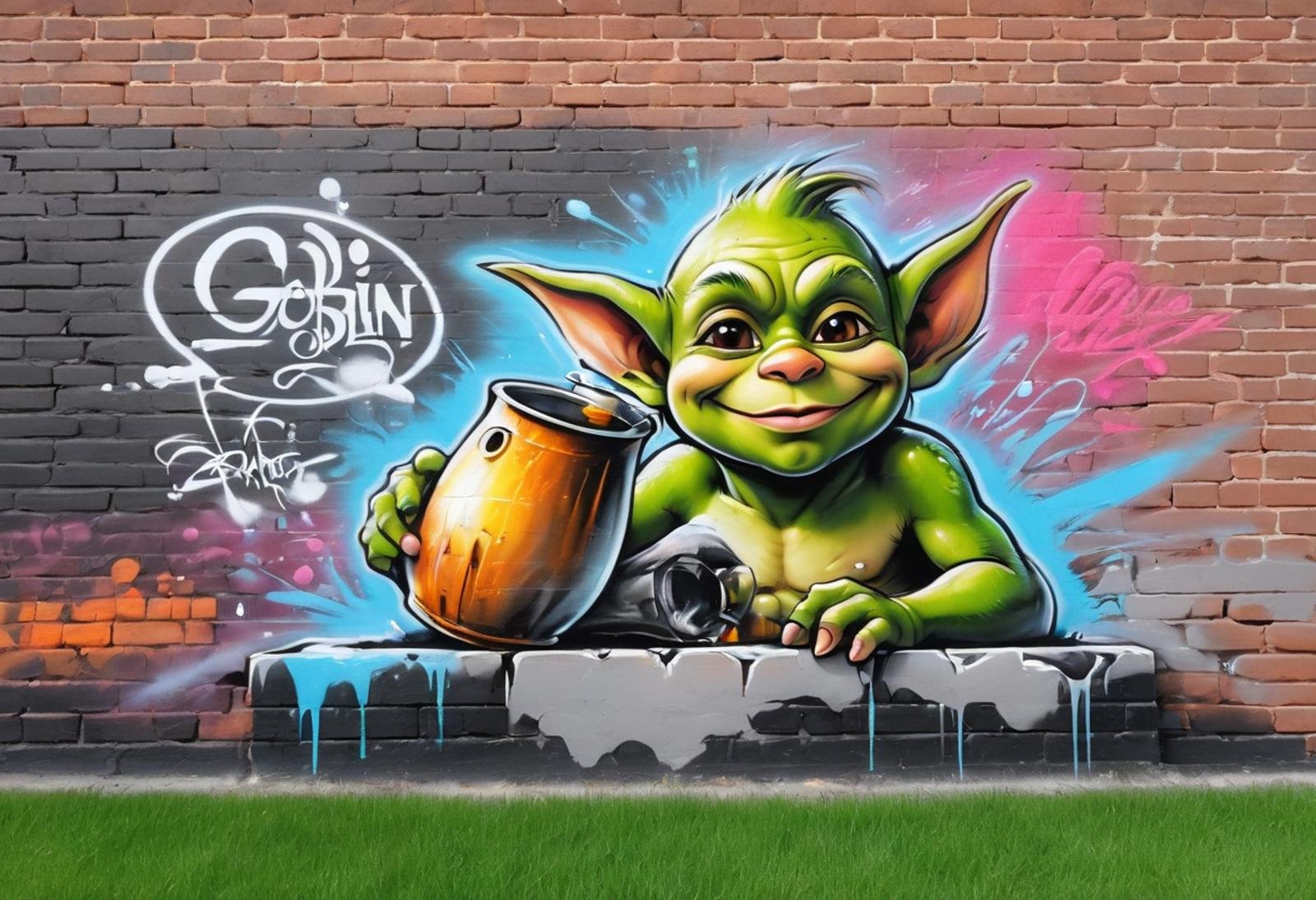 #graffiti, #graffiti on a brick wall, #spray paint on a wall, #colored graffiti, #Street art, #Spray paint, #Street canvas, #Graffiti artist, #Graffiti art, #Spray art, #"(((inscription GOBLIN: 1.4)))"