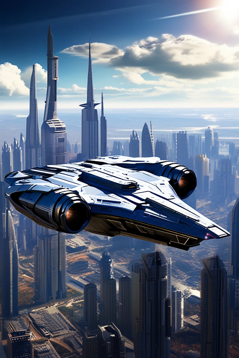 A starship razor crest \(star wars\) flying over a city,sky,cloud,futuristic city skyscrapers,cannons on head side,blue colored canopy on head top,thrusts from the jet engine,realistic,detailed,sharp focus,ek_raz0r_cre5t,ek_rcfr0nt_left