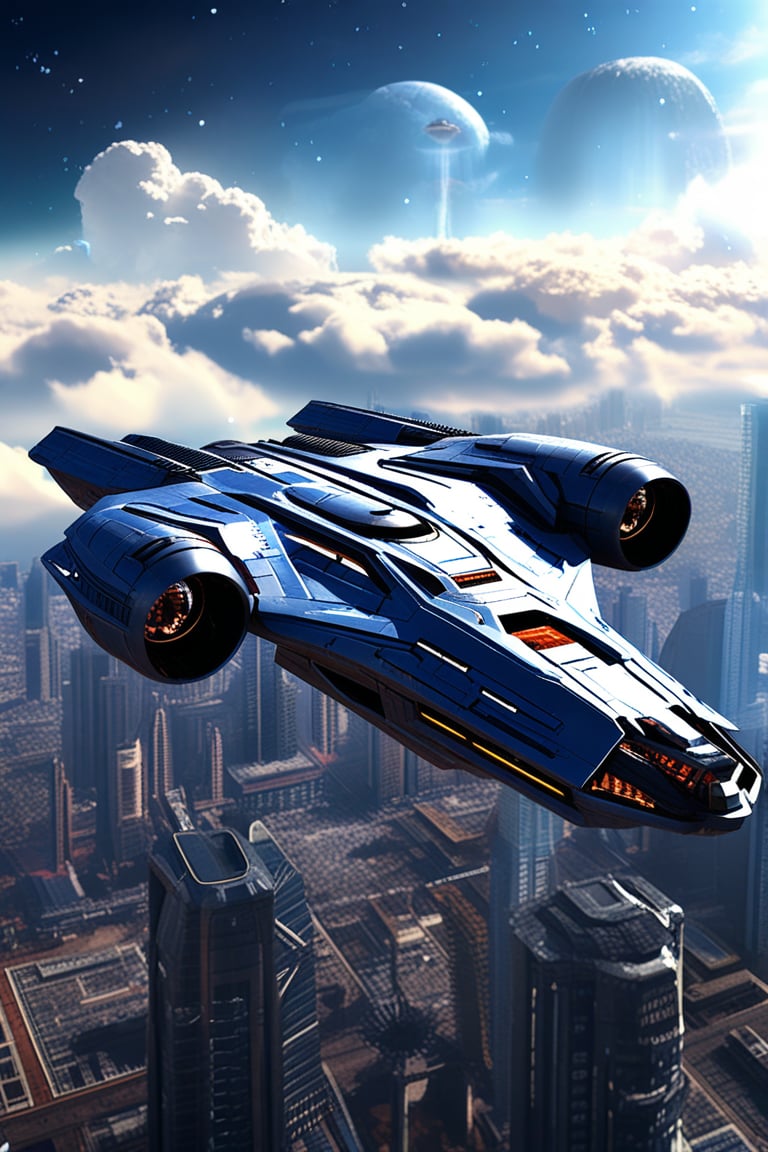 A starship razor crest \(star wars\) flying over a city,sky,cloud,futuristic city skyscrapers,cannons on head side,blue colored canopy on head top,thrusts from the jet engine,realistic,detailed,sharp focus,ek_raz0r_cre5t,ek_rcfr0nt_left