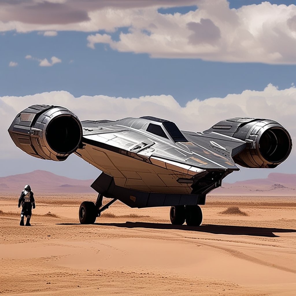 A starship razor crest \(star wars\) landing on desert,thrusts from the jet engine,parked on ground,side door open,ramp from the door,mandalorian walking out of the ship,sand,sky,cloud,realistic,detailed,sharp focus,high contrast,ek_raz0r_cre5t,ek_rcfr0nt_right