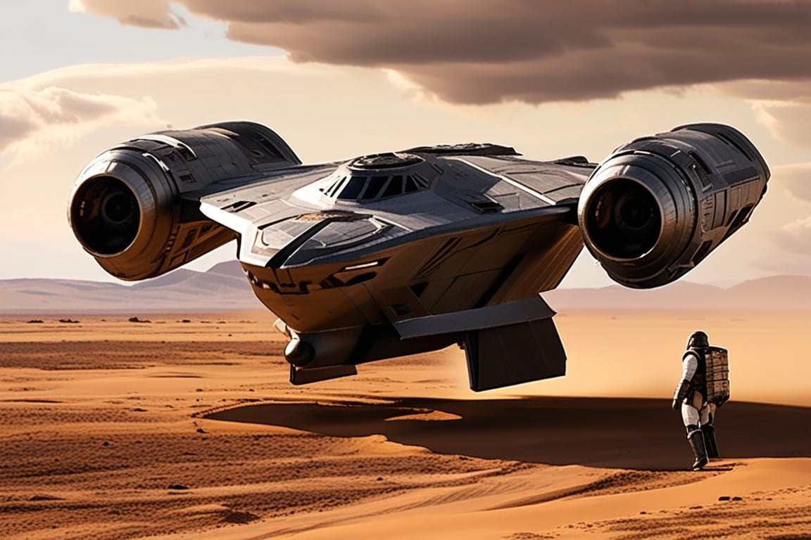 A starship razor crest \(star wars\) landing on desert,thrusts from the jet engine,parked on ground,side door open,ramp from the door,mandalorian walking out of the ship,sand,sky,cloud,realistic,detailed,sharp focus,high contrast,ek_raz0r_cre5t,ek_rcfr0nt_right