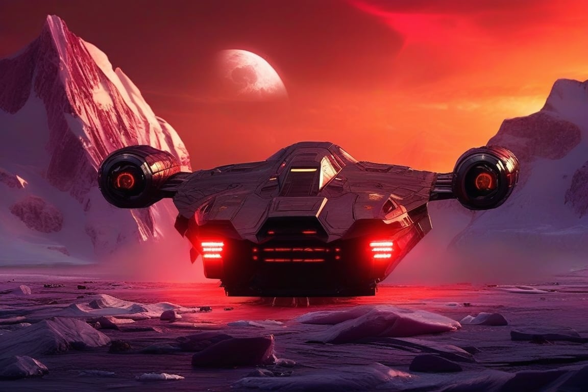 realistic photo of starship,landed on a planet with ice mountain,red colored sky with two moons,front view,starship door open,two jedi came out of the starship,lightsaber,
ek_ph0t0_b00ster,ek_real_b00ster,ek_art_b00ster,ek_raz0r_cre5t,ek_rcfr0nt