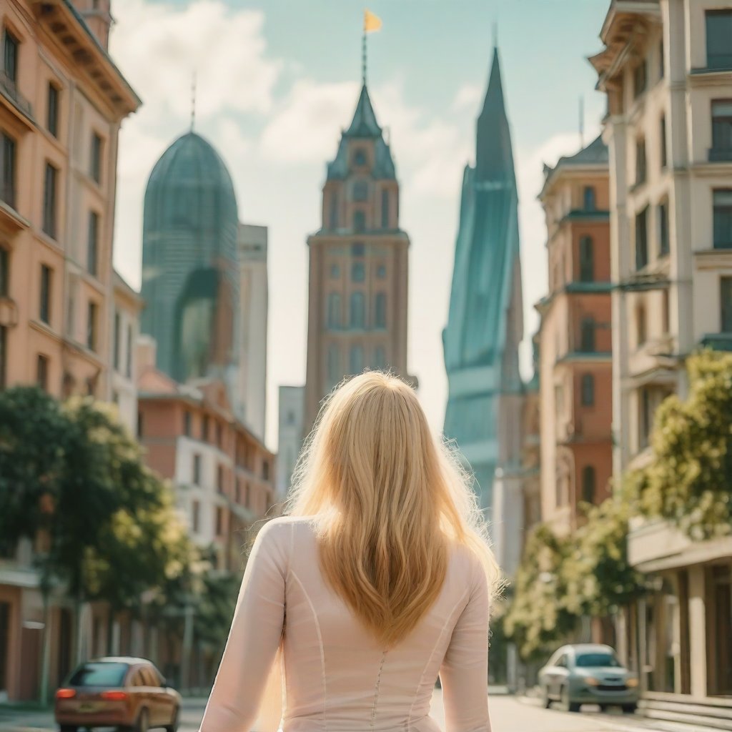 A vibrant cityscape with a blonde woman strolling leisurely, her hair flowing in the breeze. The scene captures her from a mid-distance, showcasing the urban environment with tall buildings and bustling streets. Soft, natural lighting highlights her relaxed pose and the dynamic city backdrop. Compositionally, the woman is centered with the cityscape framing her, creating a harmonious balance between subject and setting.,Elite