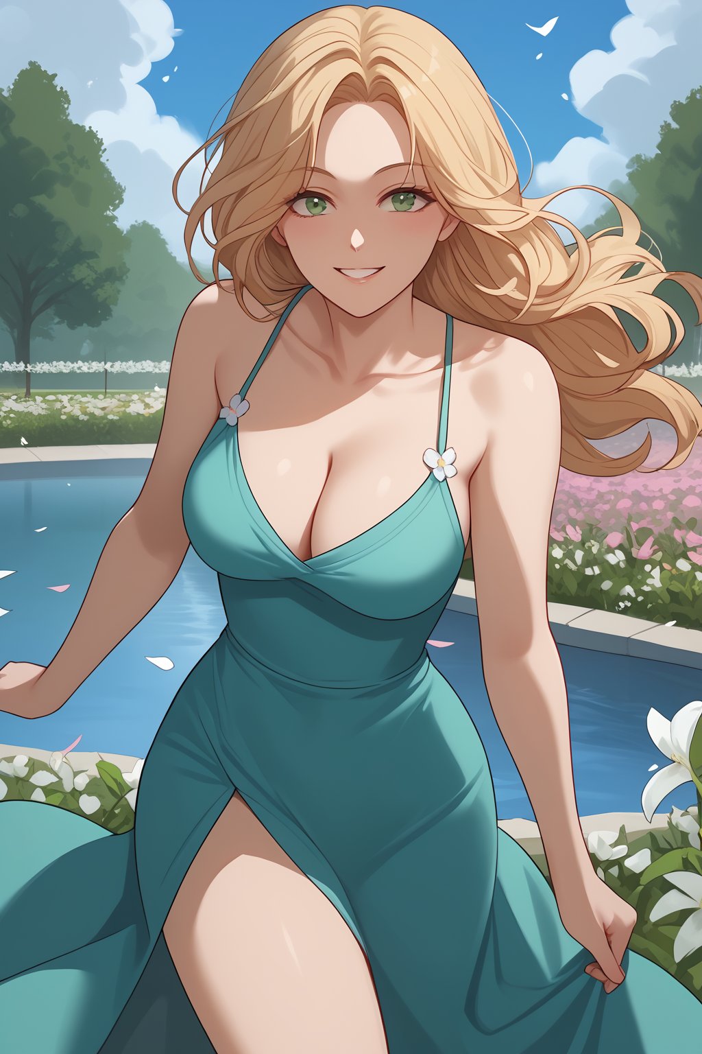 IlyaEliya Mourmets, Blonde Hair, Long Hair, Twin Braids, Hair Ornament, Green Eyes, Cleavage, summer dress,
(nsfw), (uncensored), (score_9), score_8_up, score_7_up, source_anime, cowboy shot, dynamic pose, 1 Female, solo, Happy, Smile, Parted Lips, blush, ashamed, shy, sexy, charming, alluring, seductive, enchanting, erotic,

((outdoors)), ((flower garden)), ((flowers)), ((many flowers)), spring petals, petals of flowers, spring, falling petals, flying butterflies,

