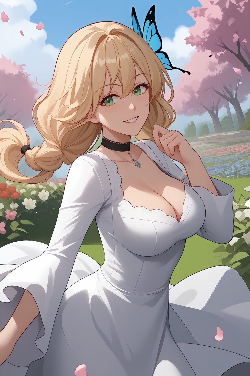 IlyaEliya Mourmets, Blonde Hair, Long Hair, Twin Braids, Hair Ornament, Green Eyes, Cleavage, Black Choker, White Dress, Long Sleeve,

(nsfw), (uncensored), (score_9), score_8_up, score_7_up, source_anime, cowboy shot, dynamic pose, Happy, Smile, Parted Lips, blush, ashamed, shy, sexy, charming, alluring, seductive, enchanting, erotic,

((outdoors)), ((flower garden)), ((flowers)), ((many flowers)), spring petals, petals of flowers, spring, falling petals, flying butterflies,

