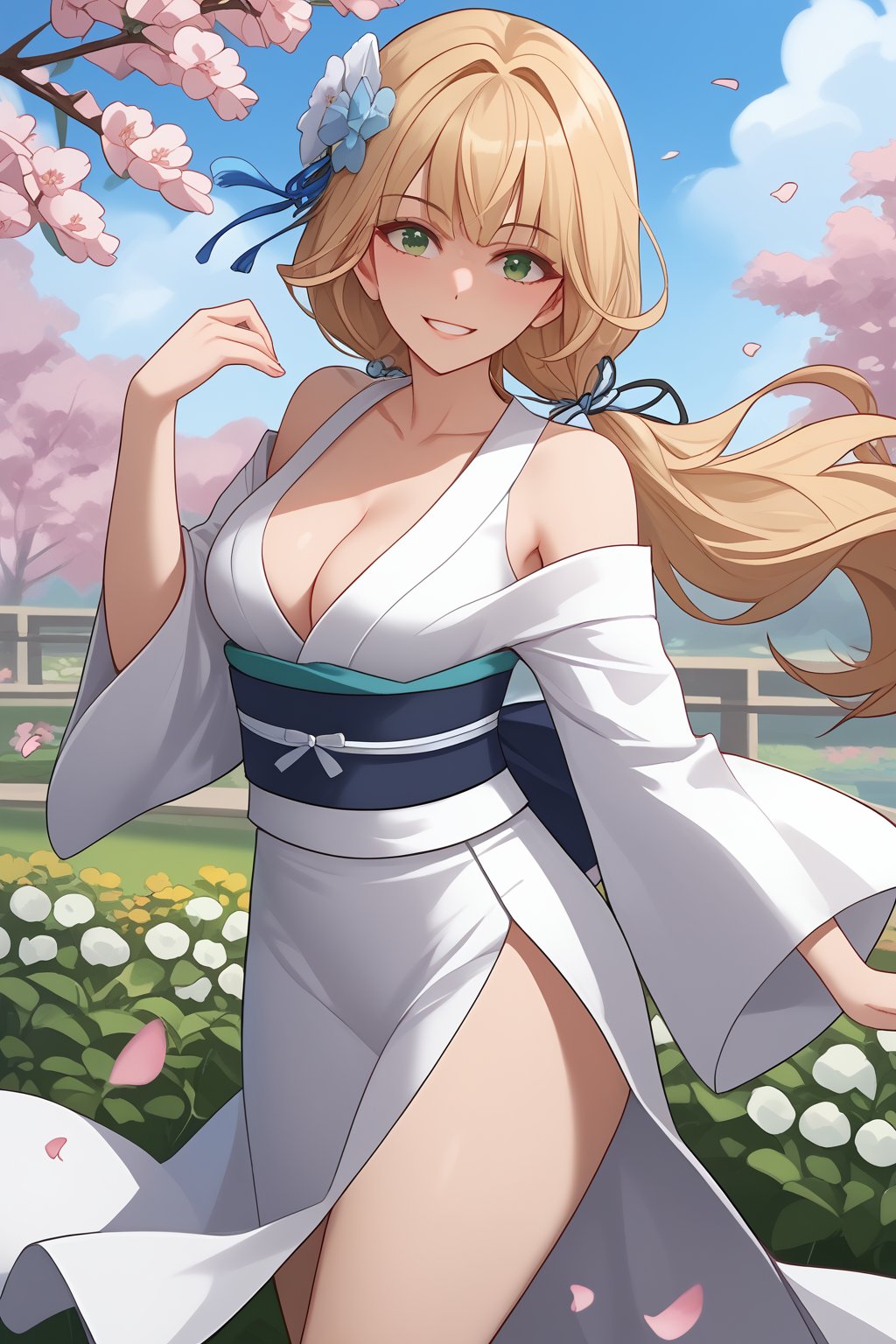 IlyaEliya Mourmets, Blonde Hair, Long Hair, Twin Braids, Hair Ornament, Green Eyes, Cleavage, kimono,

(nsfw), (uncensored), (score_9), score_8_up, score_7_up, source_anime, cowboy shot, dynamic pose, 1 Female, solo, Happy, Smile, Parted Lips, blush, ashamed, shy, sexy, charming, alluring, seductive, enchanting, erotic,

((outdoors)), ((flower garden)), ((flowers)), ((many flowers)), spring petals, petals of flowers, spring, falling petals, flying butterflies,

