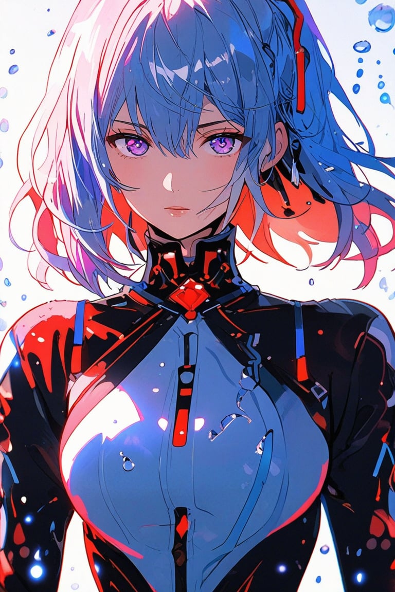 Beautiful girl. She is very badass, she wears a very luxurious outfit. detailed image, detailed skin, upper body, looking at viewer. White background, water drop, ((masterpiece: 1.2)), light particles, ink droplets in the background, Anime style. FuturEvoLabAnime