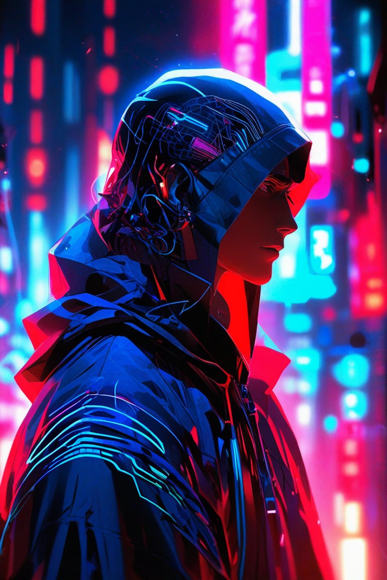 (masterpiece, best quality:1.3), FuturEvoLabAnime, In the neon-noir realm of cyberspace, a mysterious digital avatar materializes as a brooding male figure cloaked in shadows and glowing hues. This captivating scene is captured in a digitally-enhanced photograph, showcasing the intricacies of this enigmatic being. The avatar's chiseled features are accentuated by his shimmering neon outlines and elusive aura, drawing viewers into a surreal and immersive world of technological wonder. The image exudes a sense of otherworldly beauty and intrigue, inviting contemplation of the digital landscape and its enigmatic inhabitants.