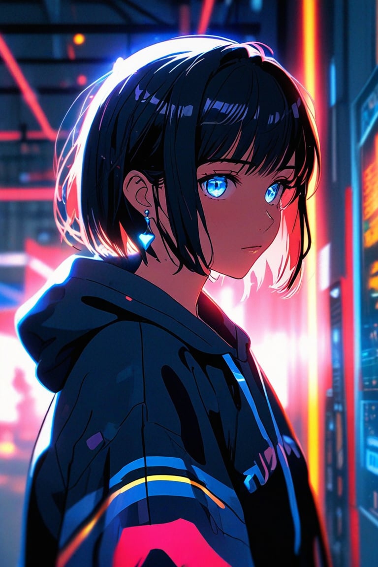 (masterpiece, best quality:1.3), FuturEvoLabAnime, 1girl, solo, looking at viewer, short hair, bangs, blue eyes, black hair, jewelry, jacket, upper body, earrings, outdoors, parted lips, hood, blurry, from side, black jacket, looking to the side, hoodie, night, depth of field, blurry background, bob cut, hood down, neon lights, 