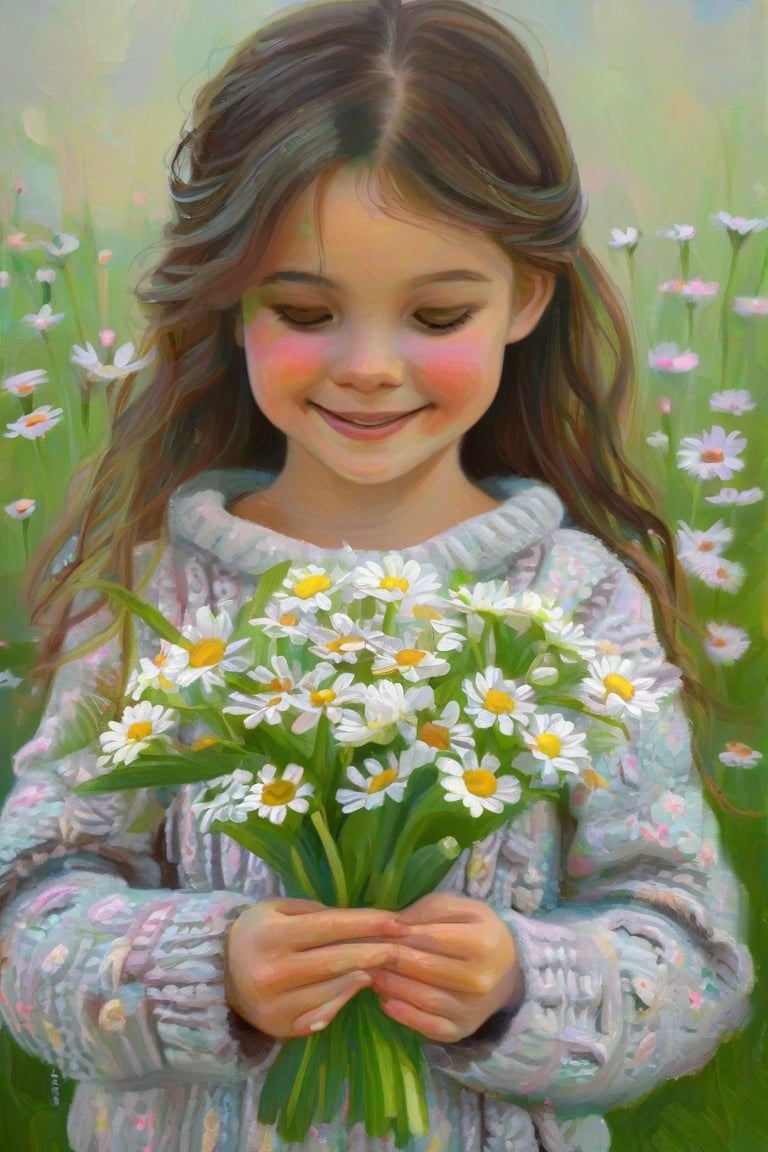 A young girl, wearing a cozy, sweater, her hands cradling a small, bunch of freshly picked, daisies,
