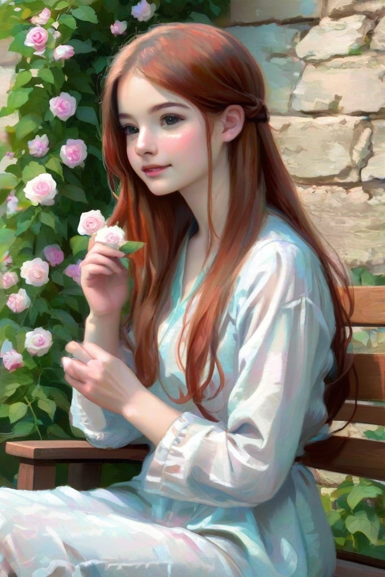 Prompt: A girl with long, auburn hair, cascading down her shoulders, dressed in a simple, yet elegant, linen blouse, sitting on a wooden bench, in front of an ivy-covered, stone wall, her fingers gently touching a blooming rose, her eyes reflecting the serene, peaceful atmosphere,
