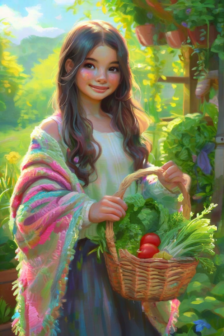 A girl with a knitted, shawl draped over her shoulders, standing in a sunlit, garden, holding a wicker basket, filled with fresh herbs, and vegetables, her face glowing, with contentment, as she enjoys the simple, beauty of the moment
