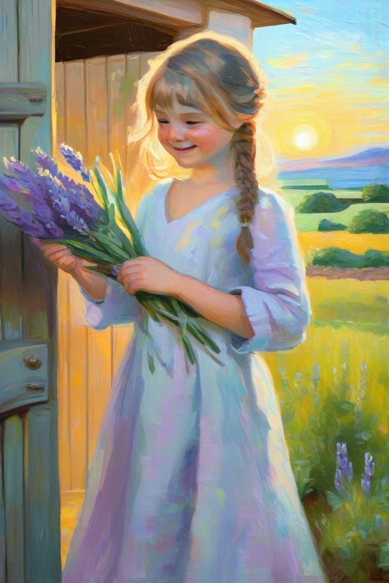 A young girl, dressed in a soft, linen dress, her hands gently holding a bunch, of lavender, standing by an old, wooden gate, with the sun setting, behind her, casting a warm, golden light, on her peaceful, smiling face,Claude Monet,pastel brushstrokes
