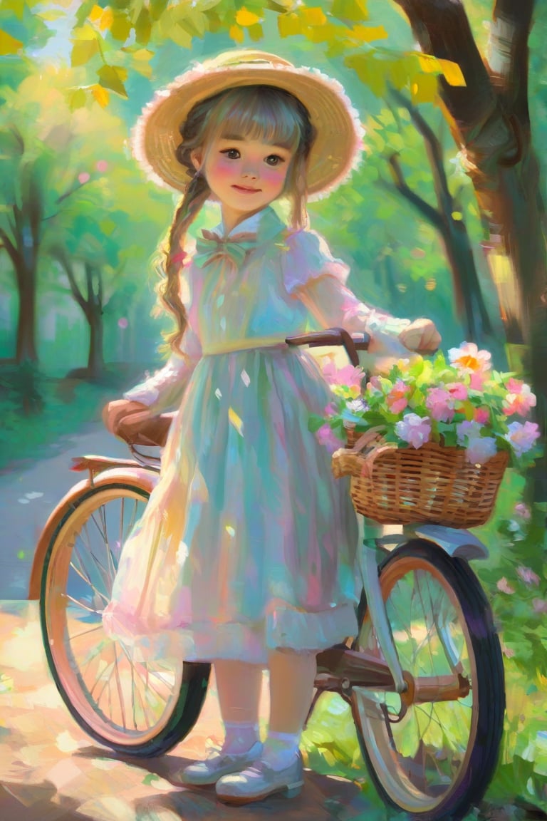 A young girl wearing a straw bonnet, tied with a silky ribbon, in a light, flowy dress, standing beside a vintage bicycle, adorned with a basket of flowers, soft sunlight filtering through the trees, casting dappled shadows on her, and the ground
