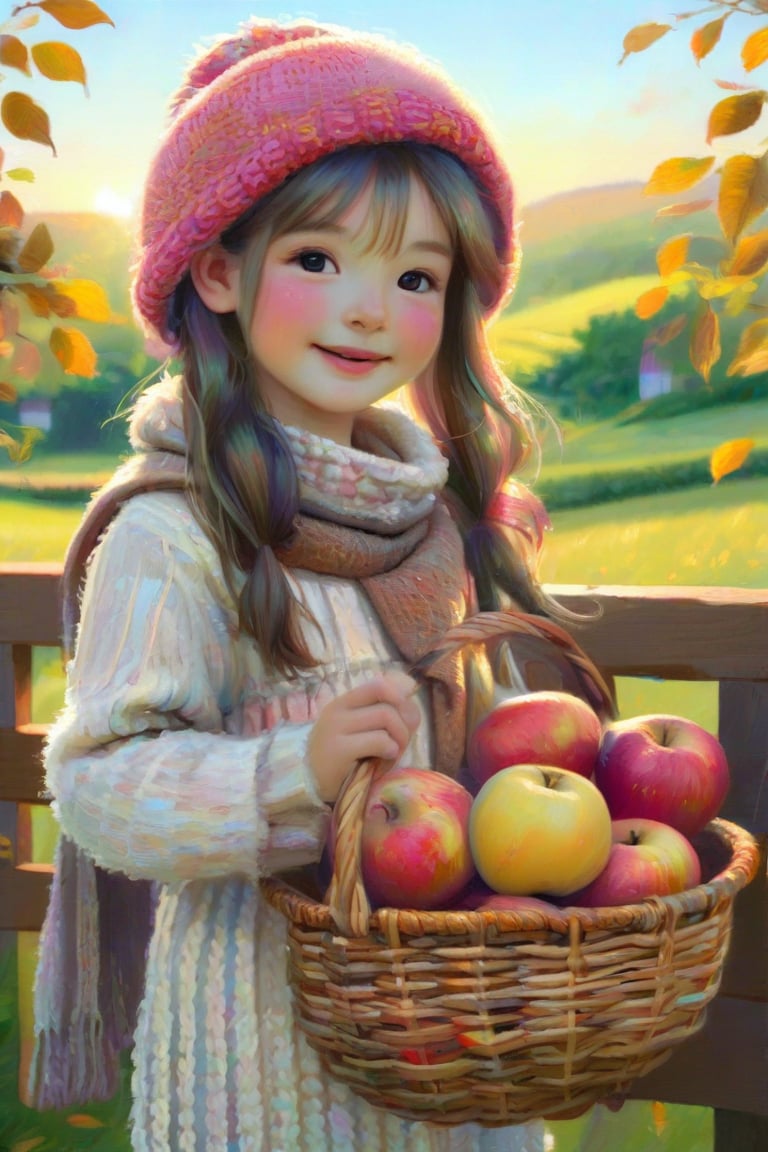 A girl with rosy cheeks, dressed in a cozy, woolen scarf, and a hand-knit hat, holding a basket, filled with freshly picked apples, standing beside a wooden fence, with golden, afternoon sunlight, bathing the scene in warmth
