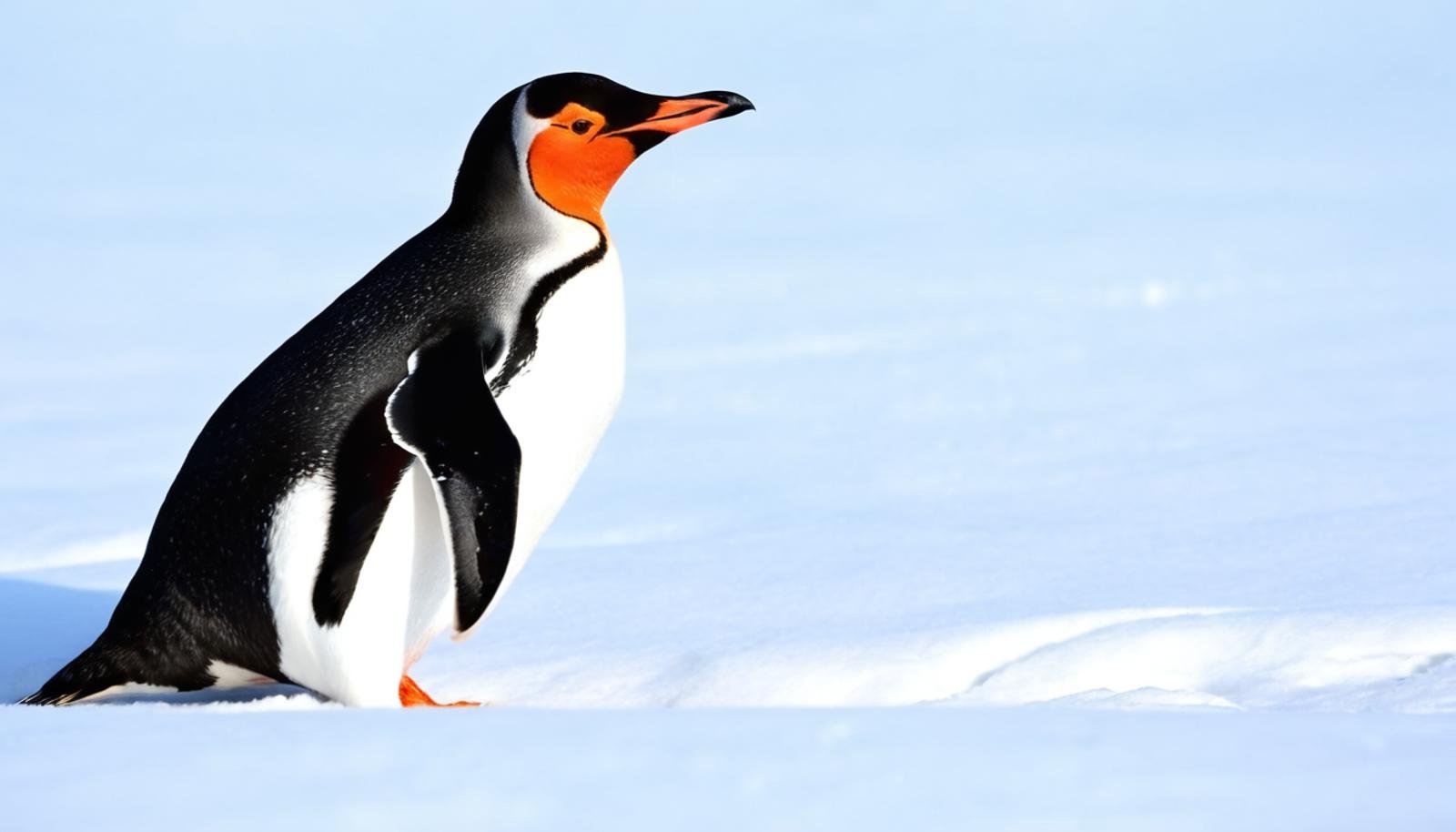 A cute Gentoo penguin clumsily waddling towards the viewer, on a blanket of fresh snow, its black and white plumage contrasting sharply against the white expanse.  Its orange beak is slightly open, and it's looking at the viewer.  Tiny ice crystals cling to its feathers.