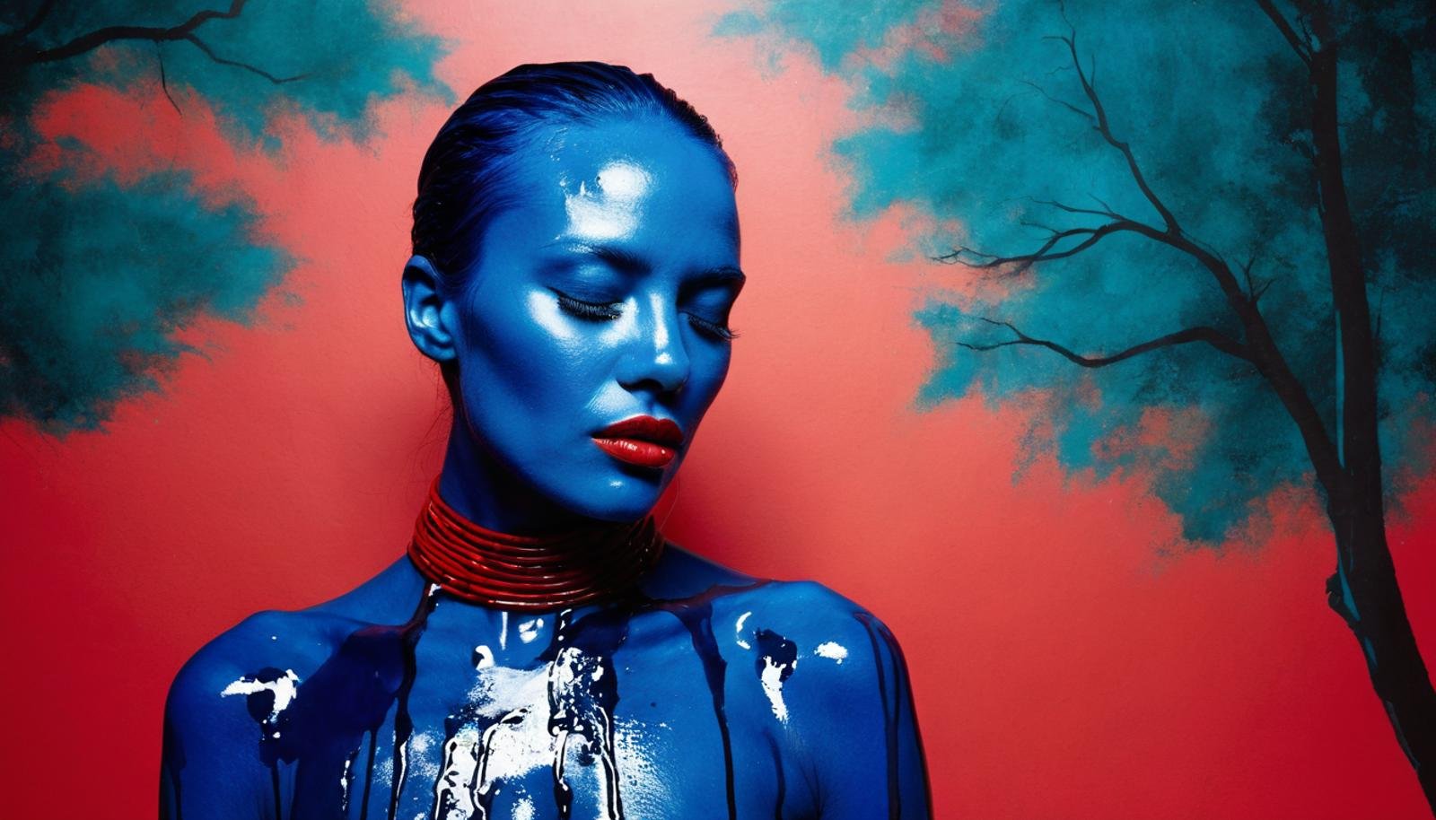 A striking, high-fashion portrait photograph set against a vibrant red backdrop showcases a woman with smooth, blue-painted skin. Her eyes are closed, accentuating the perfectly applied, pearlescent eyeshadow. Glossy, nude lipstick complements her look. Liquid, red paint cascades over her head and body, creating a dramatic visual contrast. The paint drips down her forehead, outlining her face and highlighting the delicate curve of her neck. The interplay of blue skin and red paint accentuates the artistic nature of the image, transforming the subject into a living sculpture.