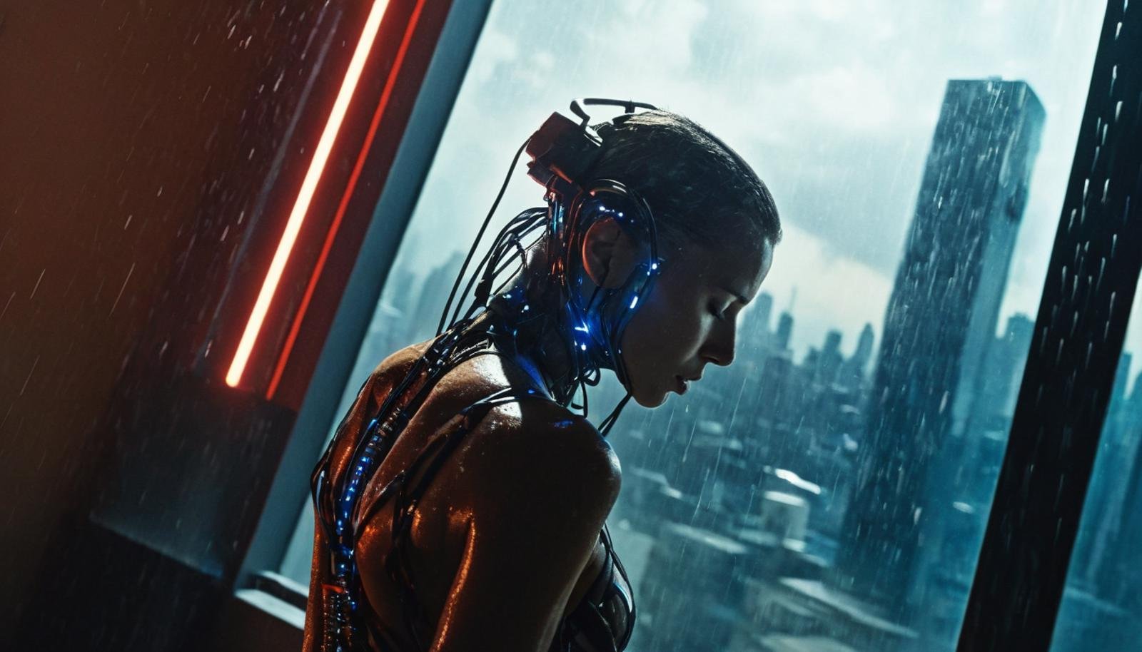 1girl, Cinematic Film Still, (movie still) From ex machina, (cyborg|woman), made of mechanical parts, beautiful, cybernetic augmentations, wires, silicone, half machine, emotional scene, dramatic,indoors, Inside futuristic high rise penthouse, tall glass windows, cyberpunk cityscape, raining, ambient lighting, cinematic contrast, dynamic shadows, harmonious, film grain, extremely detailed, dynamic angle, solo