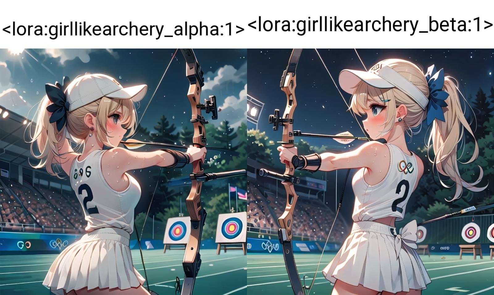 ((archery)), ((bowstring)), holding bow \(weapon\), holding arrow \(projectile\), aiming, fingerless gloves, player uniform, baseball hat, visor cap, turf, target in range, olympic games venue, 1girl, earrings, sweat, floating hair, cleavage, big tits, blonde twintails, night, from behind, <lora:girllikearchery_alpha:1>