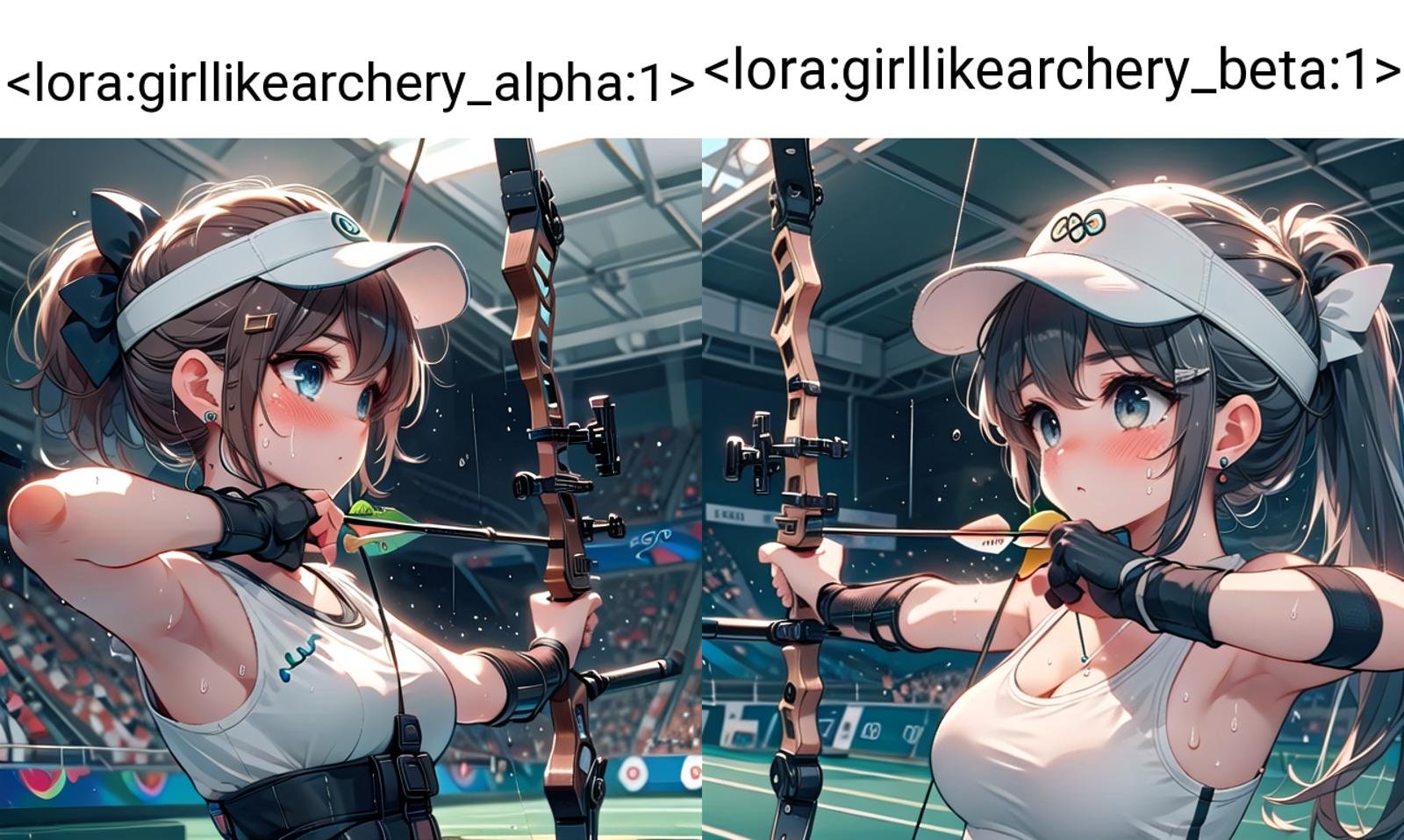 ((archery)), ((bowstring)), holding bow \(weapon\), holding arrow \(projectile\), aiming, fingerless gloves, player uniform, baseball hat, visor cap, turf, target in range, olympic games venue, 1girl, earrings, sweat, floating hair, cleavage, big tits, brown ponytail, indoors, ceiling, <lora:girllikearchery_alpha:1>