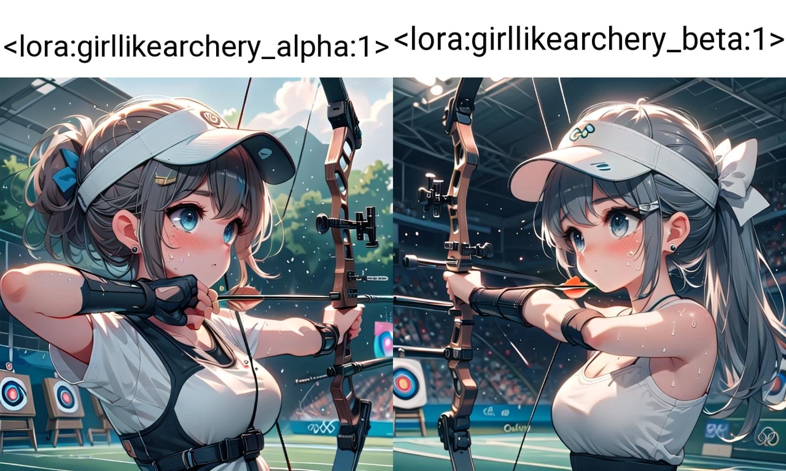 ((archery)), ((bowstring)), holding bow \(weapon\), holding arrow \(projectile\), aiming, fingerless gloves, player uniform, baseball hat, visor cap, turf, target in range, olympic games venue, 1girl, earrings, sweat, floating hair, cleavage, big tits, <lora:girllikearchery_alpha:1>