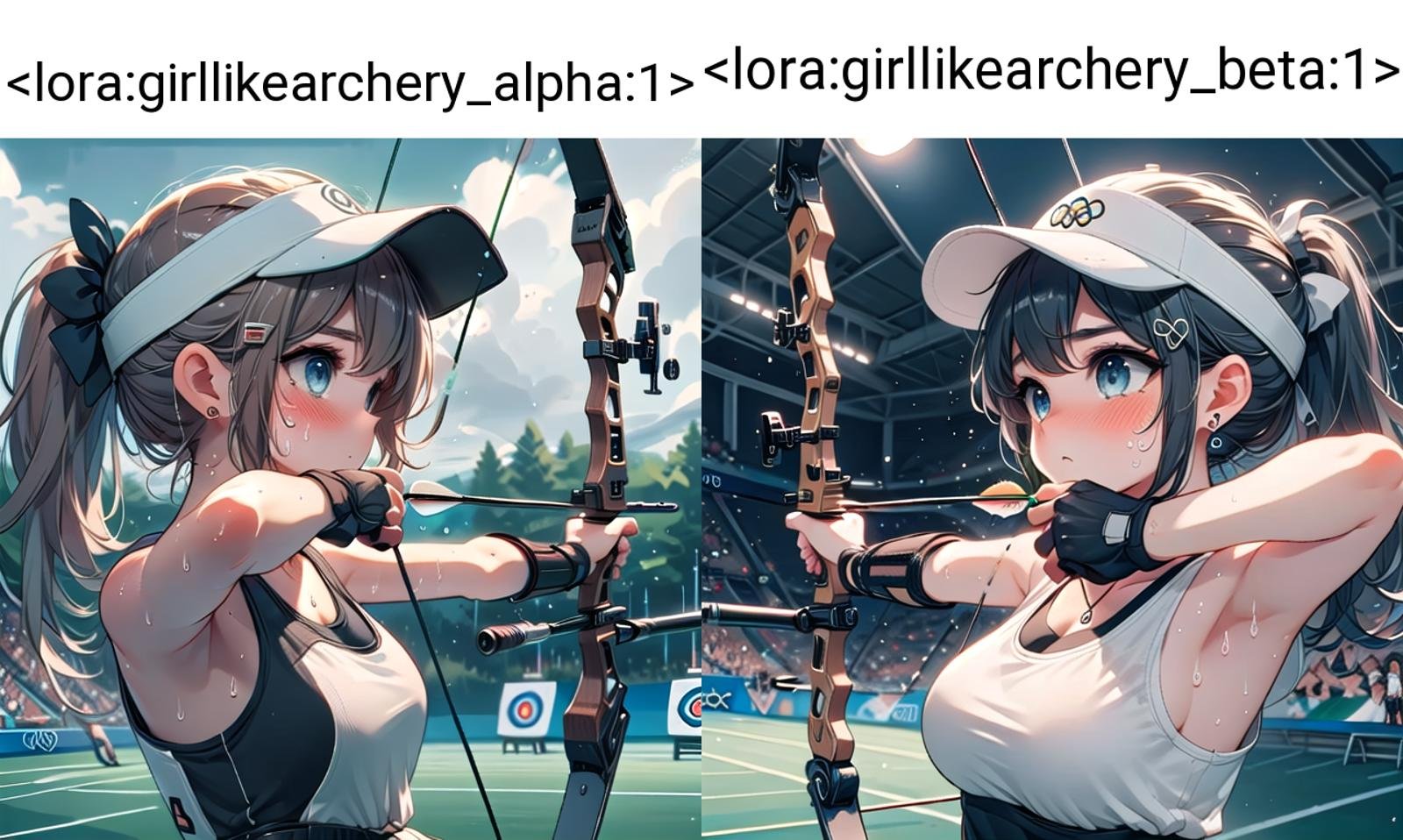 ((archery)), ((bowstring)), holding bow \(weapon\), holding arrow \(projectile\), aiming, fingerless gloves, player uniform, baseball hat, visor cap, turf, target in range, olympic games venue, 1girl, earrings, sweat, floating hair, cleavage, big tits, <lora:girllikearchery_alpha:1>