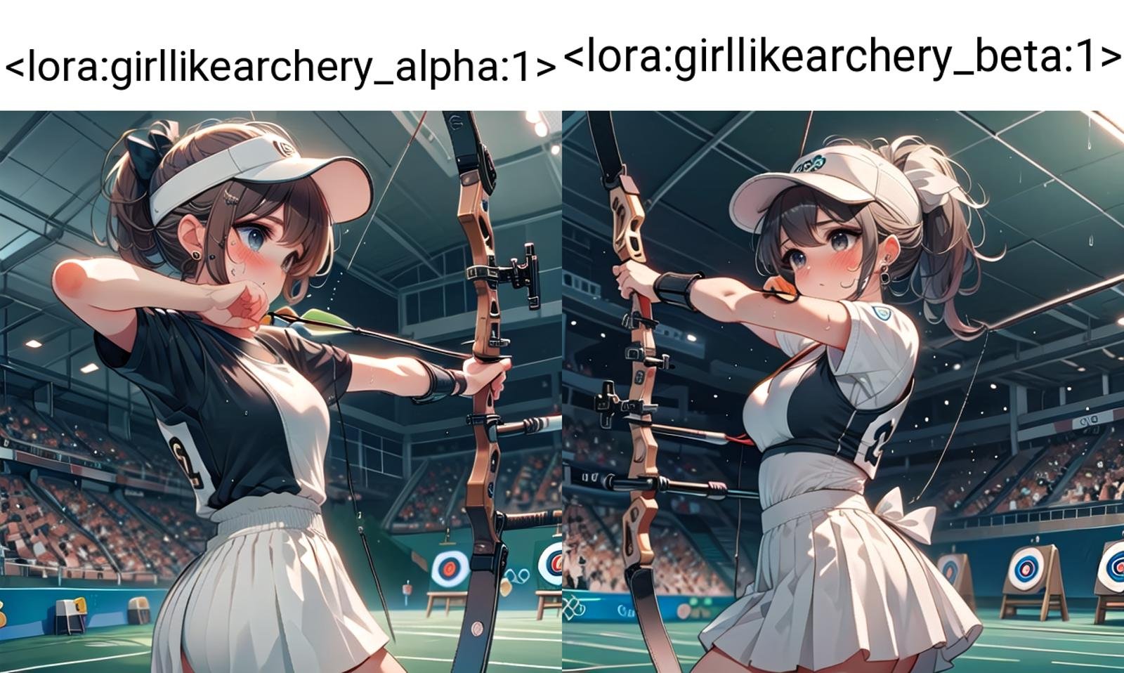 ((archery)), ((bowstring)), holding bow \(weapon\), holding arrow \(projectile\), aiming, fingerless gloves, player uniform, baseball hat, visor cap, turf, target in range, olympic games venue, 1girl, earrings, sweat, floating hair, cleavage, big tits, brown ponytail, indoors, ceiling, <lora:girllikearchery_alpha:1>