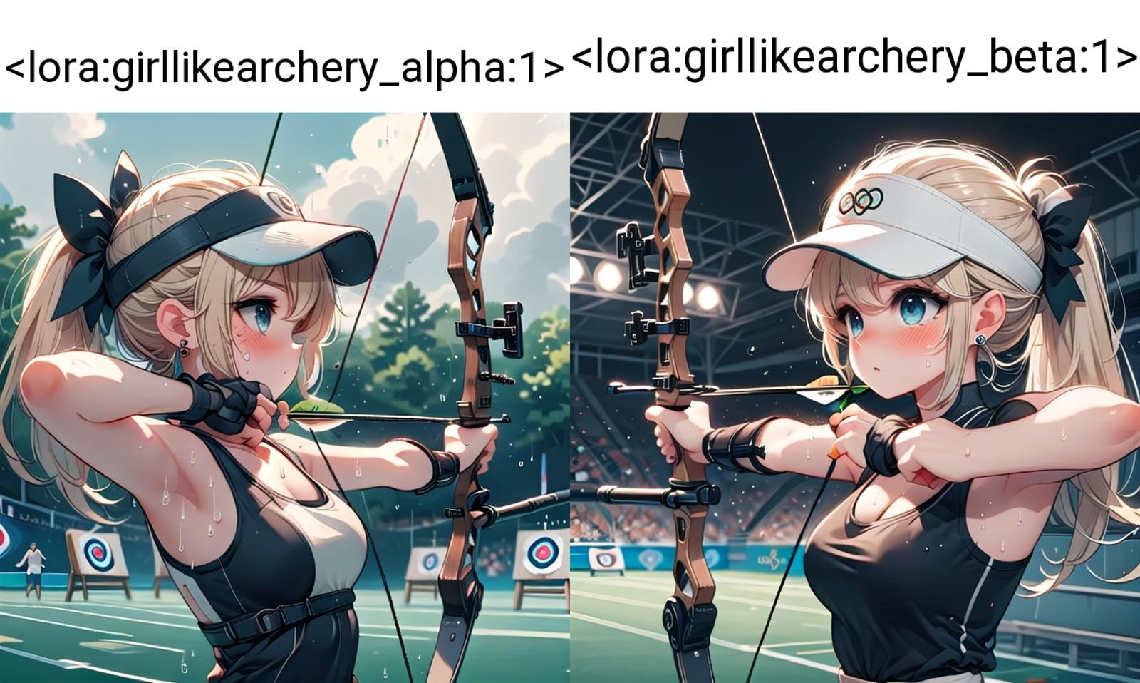 ((archery)), ((bowstring)), holding bow \(weapon\), holding arrow \(projectile\), aiming, fingerless gloves, player uniform, baseball hat, visor cap, turf, target in range, olympic games venue, 1girl, earrings, sweat, floating hair, cleavage, big tits, blonde twintails, <lora:girllikearchery_alpha:1>