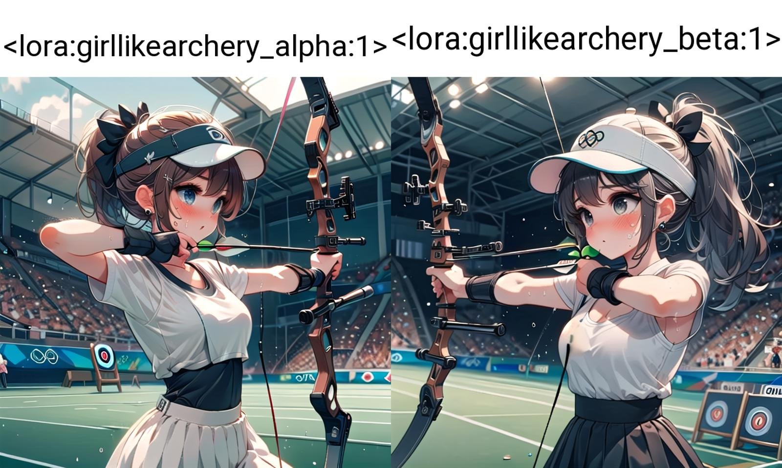 ((archery)), ((bowstring)), holding bow \(weapon\), holding arrow \(projectile\), aiming, fingerless gloves, player uniform, pleated skirt, baseball hat, visor cap, turf, target in range, olympic games venue, 1girl, earrings, sweat, floating hair, cleavage, big tits, brown ponytail, indoors, ceiling, <lora:girllikearchery_alpha:1>