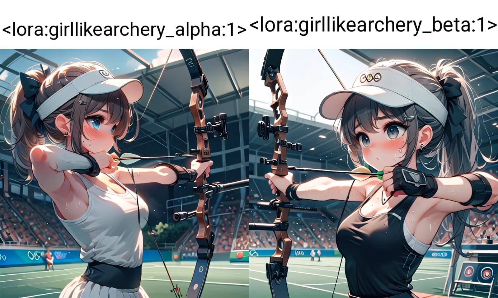 ((archery)), ((bowstring)), holding bow \(weapon\), holding arrow \(projectile\), aiming, fingerless gloves, player uniform, pleated skirt, baseball hat, visor cap, turf, target in range, olympic games venue, 1girl, earrings, sweat, floating hair, cleavage, big tits, brown ponytail, indoors, ceiling, <lora:girllikearchery_alpha:1>