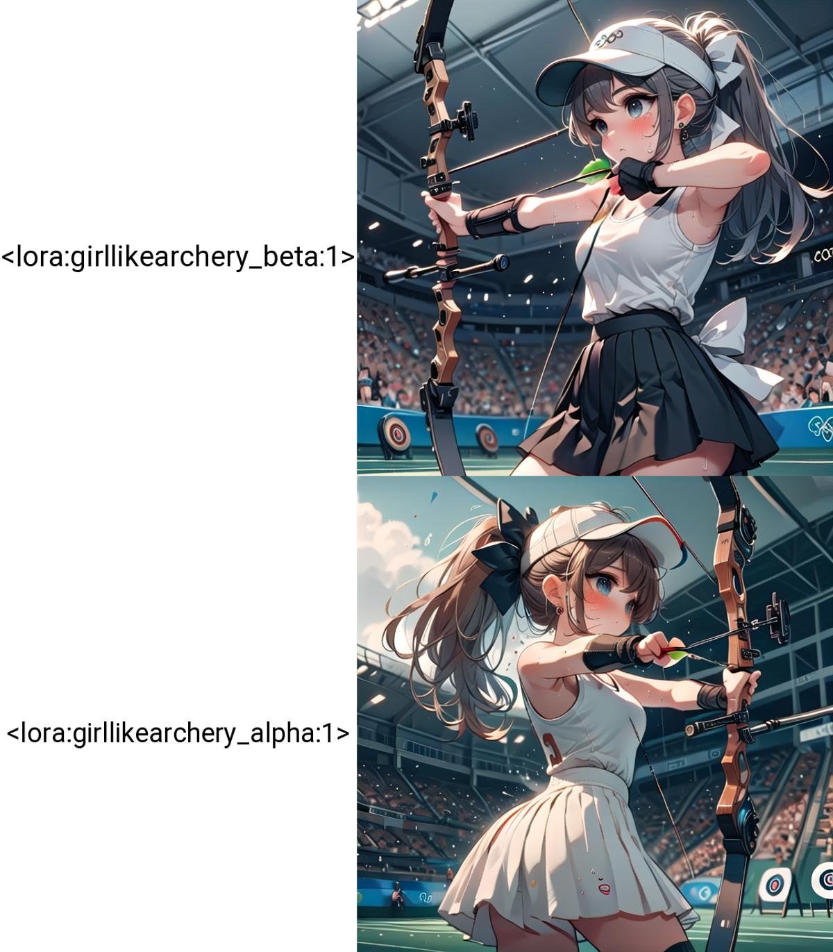 ((archery)), ((bowstring)), holding bow \(weapon\), holding arrow \(projectile\), aiming, fingerless gloves, player uniform, pleated skirt, baseball hat, visor cap, turf, target in range, olympic games venue, 1girl, earrings, sweat, floating hair, cleavage, big tits, brown ponytail, indoors, ceiling, <lora:girllikearchery_beta:1>