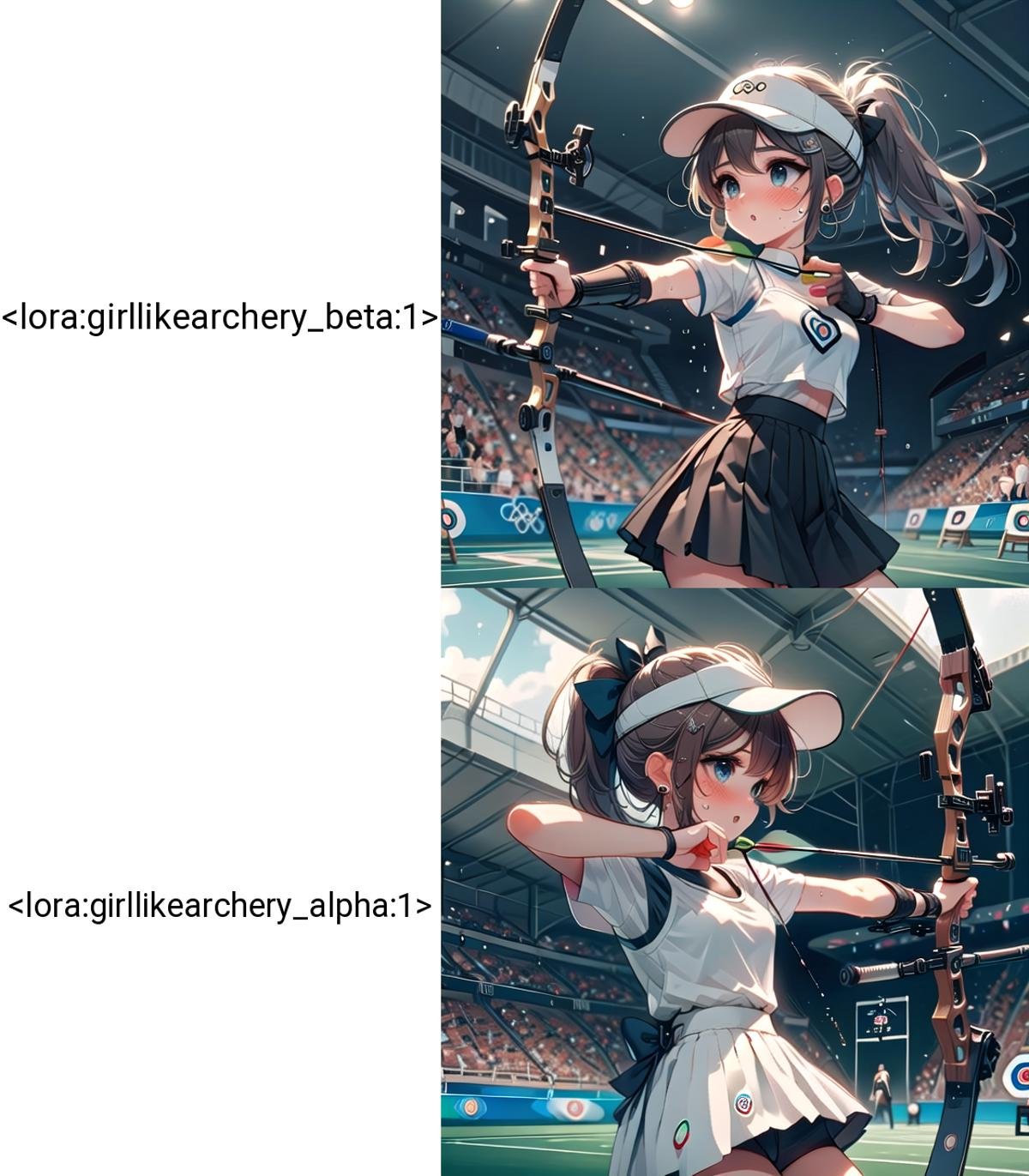 ((archery)), ((bowstring)), holding bow \(weapon\), holding arrow \(projectile\), aiming, fingerless gloves, player uniform, pleated skirt, baseball hat, visor cap, turf, target in range, olympic games venue, 1girl, earrings, sweat, floating hair, cleavage, big tits, brown ponytail, indoors, ceiling, <lora:girllikearchery_beta:1>