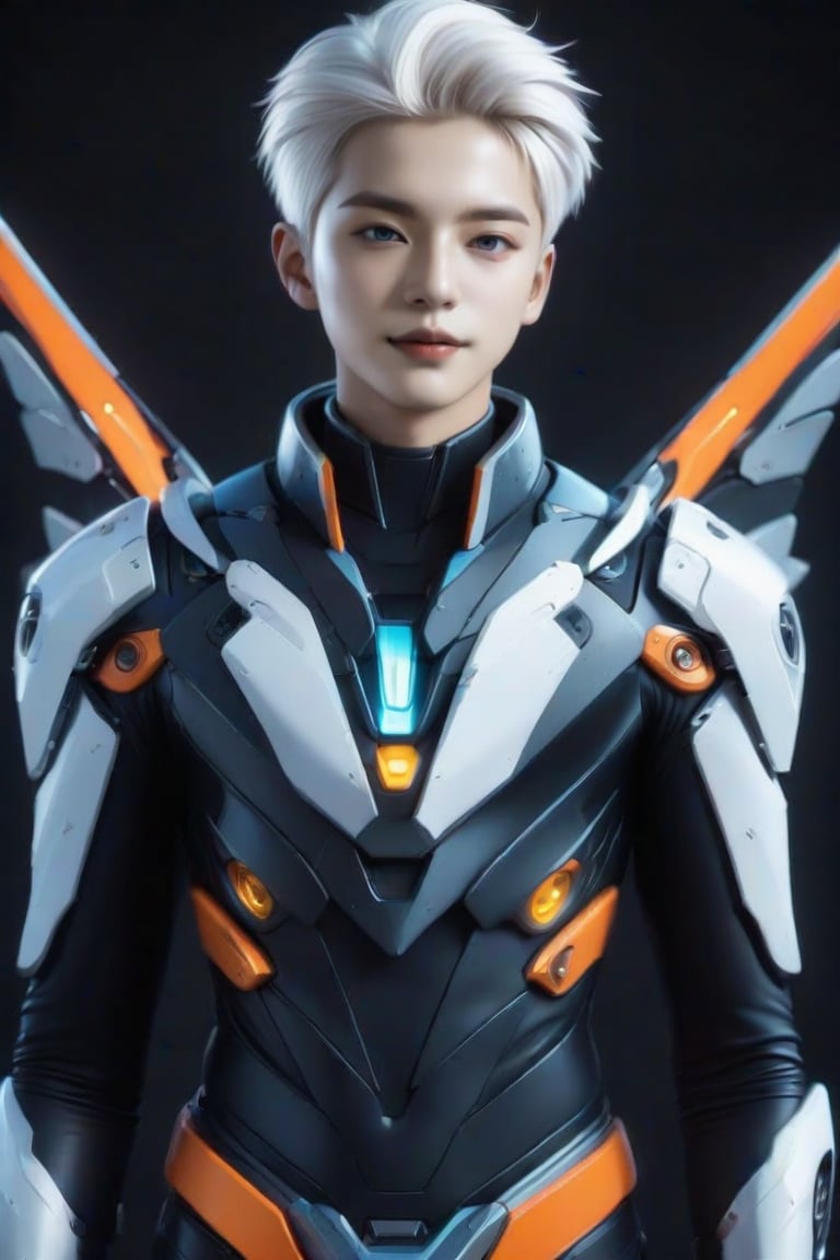 masterpiece, best quality, realistic, 1boy, solo, looking at viewer, blue eyes, blonde hair, standing, white hair, cowboy shot, black background, FuturEvoLabMecha, FuturEvoLabCyberpunk, FuturEvoLabCity, FuturEvoLabBoy